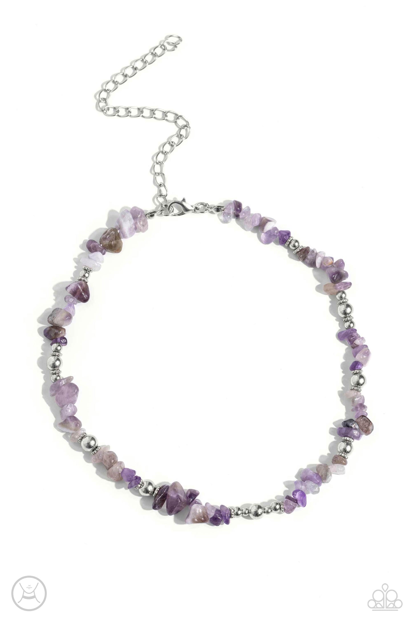 Paparazzi Accessories Carved Confidence - Purple Infused along an invisible string, a chiseled collection of amethyst stones and various silver beads wrap around the collar for an earthy pop of color. Features an adjustable clasp closure. As the stone ele