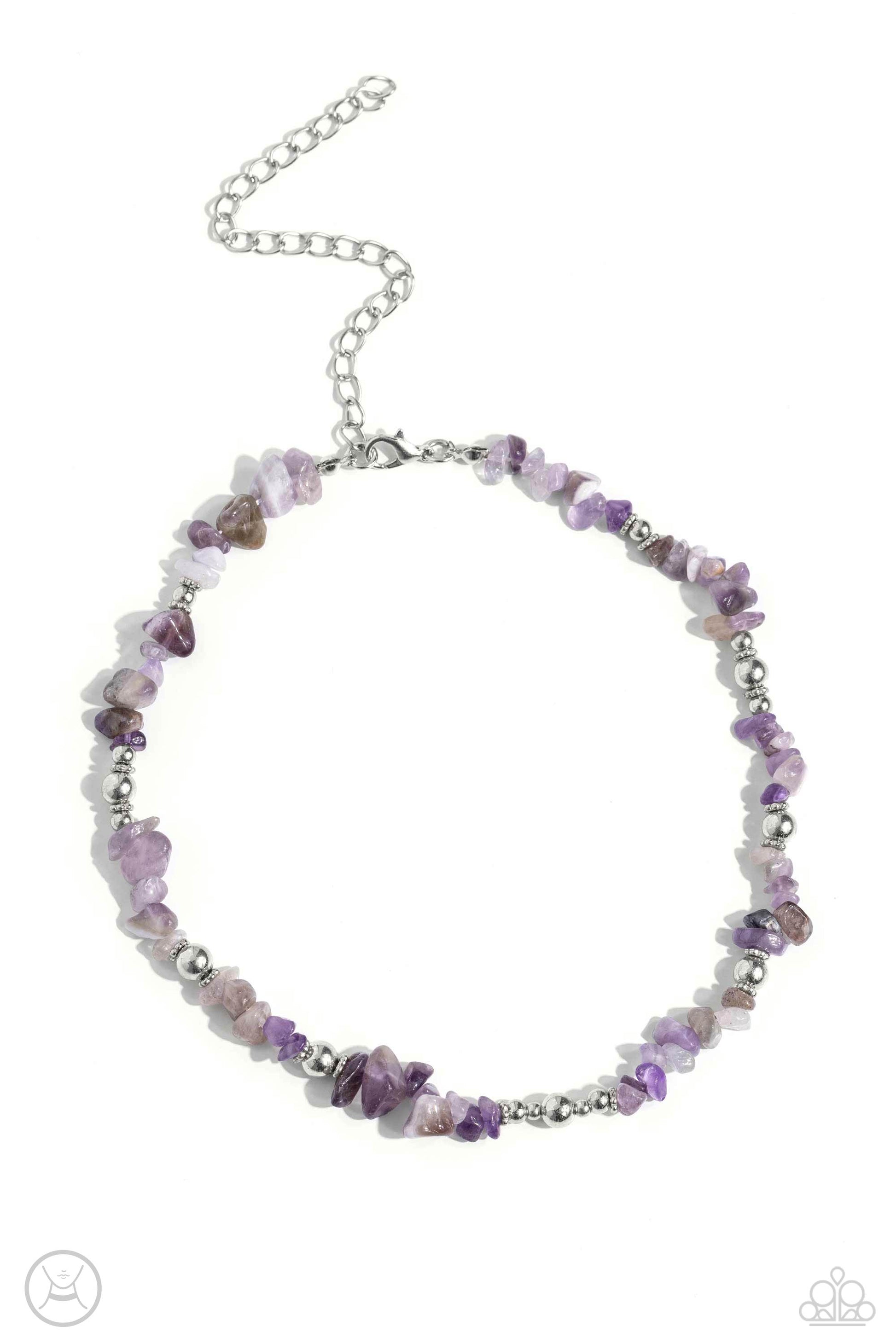 Paparazzi Accessories Carved Confidence - Purple Infused along an invisible string, a chiseled collection of amethyst stones and various silver beads wrap around the collar for an earthy pop of color. Features an adjustable clasp closure. As the stone ele