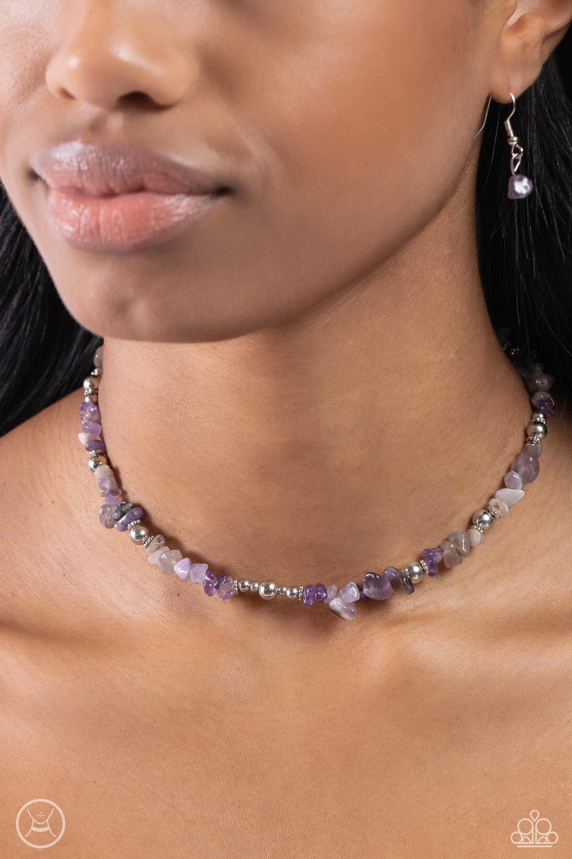 Paparazzi Accessories Carved Confidence - Purple Infused along an invisible string, a chiseled collection of amethyst stones and various silver beads wrap around the collar for an earthy pop of color. Features an adjustable clasp closure. As the stone ele