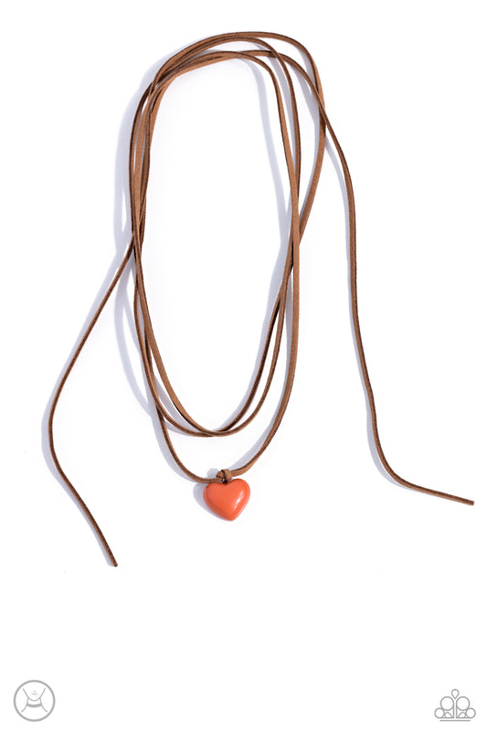 Paparazzi Accessories Wanderlust Wardrobe - Orange A lengthened strip of brown suede wraps around the neck, creating a layered choker necklace. A Burnt Sienna heart, swings from the ends for a wanderlust finish. Sold as one individual choker necklace. Inc