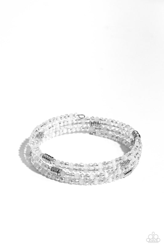 Paparazzi Accessories Dreamy Debut - White Sections of clear, silver, and cloudy white beads are threaded along the wrist in an infinity wrap-style bracelet for a dreamy statement. Sold as one individual bracelet. Jewelry