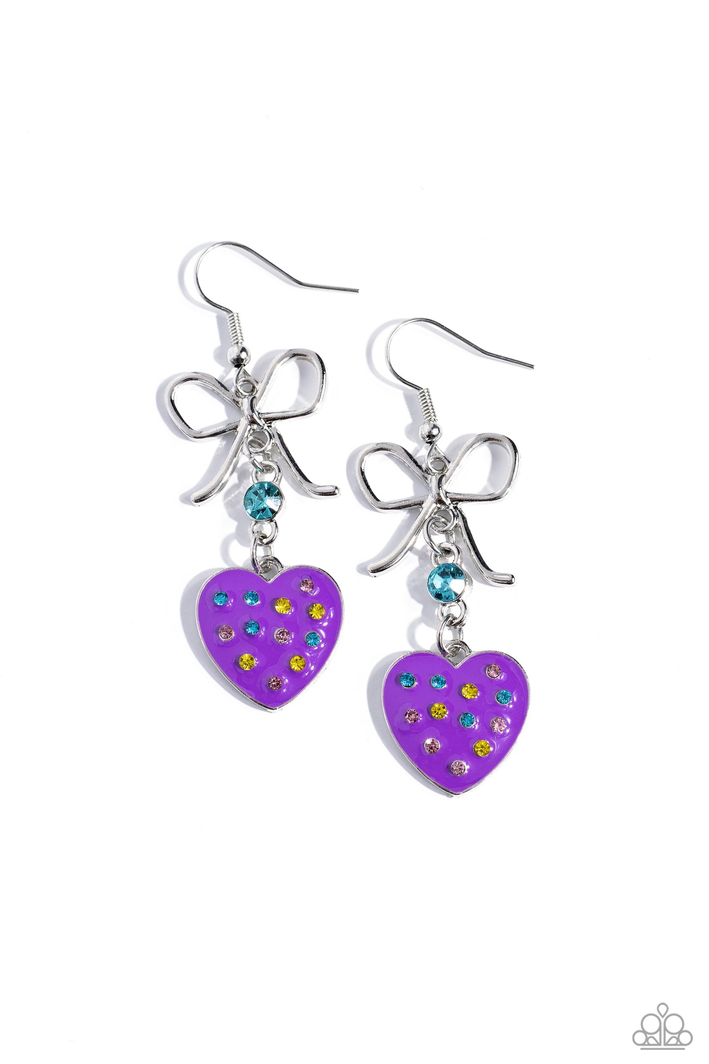 Paparazzi Accessories BOW Away Zone - Purple Featuring airy loops, a dainty silver bow gives way to a purple-painted heart frame adorned in dainty yellow, blue, and pink rhinestones for a flirtatious fashion. A bigger blue rhinestone separates the silver