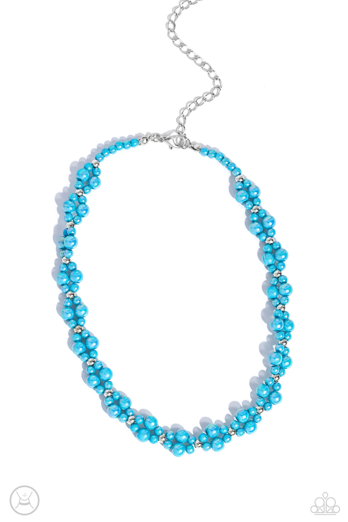Paparazzi Accessories Dreamy Duchess - Blue Dipped in an iridescent finish, varying sizes of blue pearls cluster around the neckline in a dreamy pop of color. Dainty silver beads alternate along the collar and pearly clusters for a touch of industrial shi