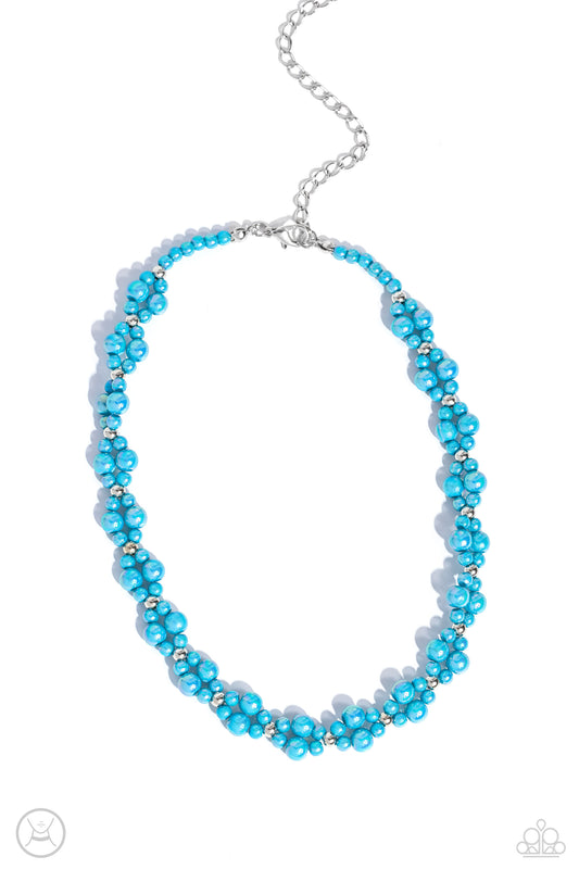 Paparazzi Accessories Dreamy Duchess - Blue Dipped in an iridescent finish, varying sizes of blue pearls cluster around the neckline in a dreamy pop of color. Dainty silver beads alternate along the collar and pearly clusters for a touch of industrial shi
