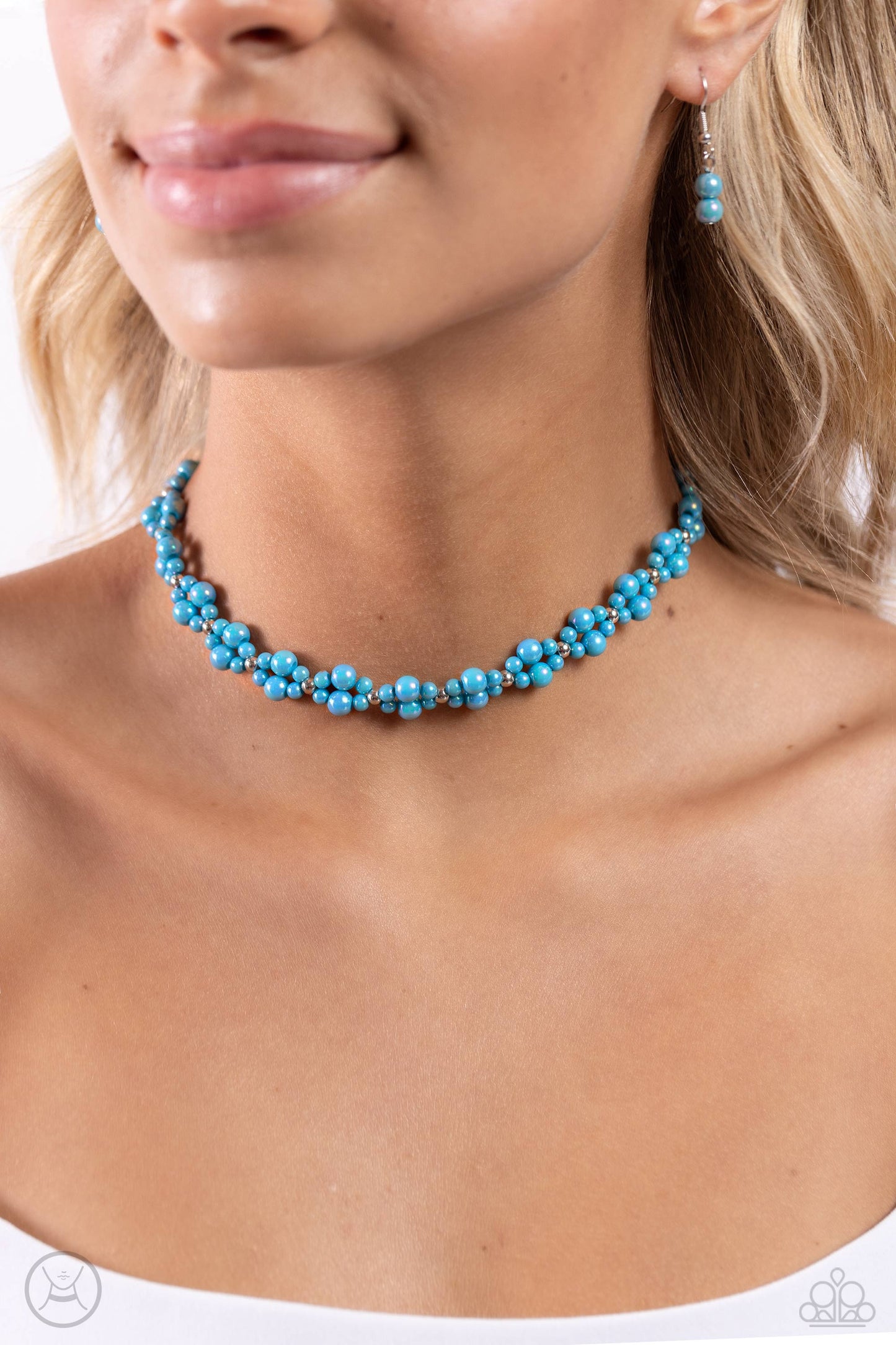 Paparazzi Accessories Dreamy Duchess - Blue Dipped in an iridescent finish, varying sizes of blue pearls cluster around the neckline in a dreamy pop of color. Dainty silver beads alternate along the collar and pearly clusters for a touch of industrial shi