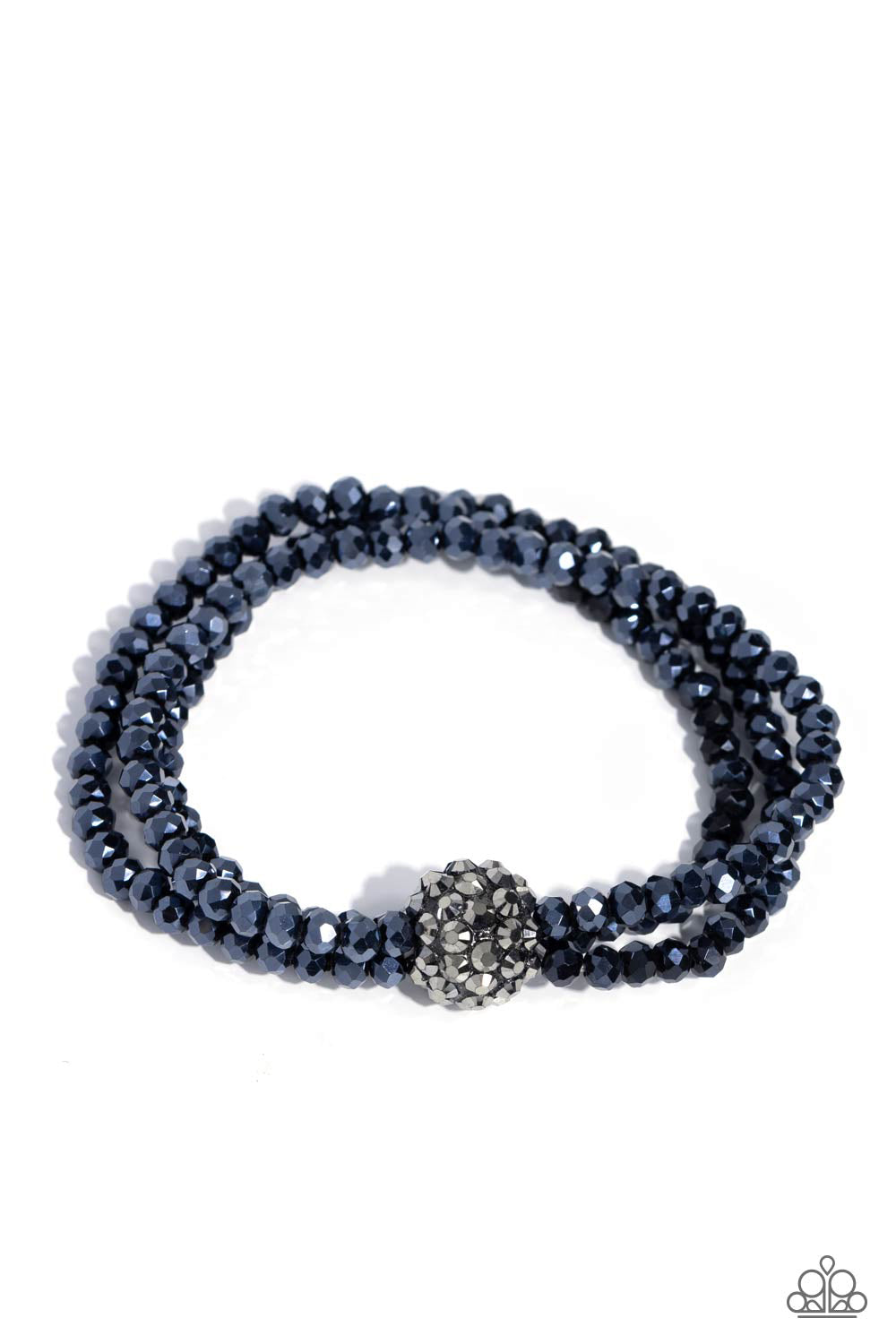 Paparazzi Accessories Twisted Theme - Blue Featuring faceted finishes, blue beads are threaded along three stretchy bands around the wrist. Encrusted in gunmetal spiky-like details, an oversized ball twists at the center of the wrist for a fierce industri