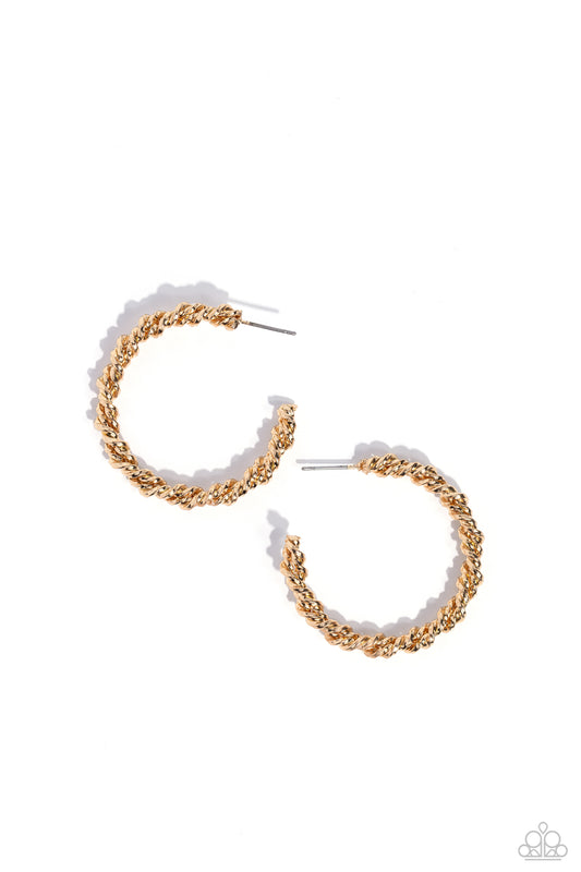 Paparazzi Accessories Braided Bravado - Gold Featuring a braided motif, twisted gold ribbons encircle the ear for an industrially glitzy statement. Earring attaches to a standard post fitting. Hoop measures approximately 1 1/2" in diameter. Sold as one pa