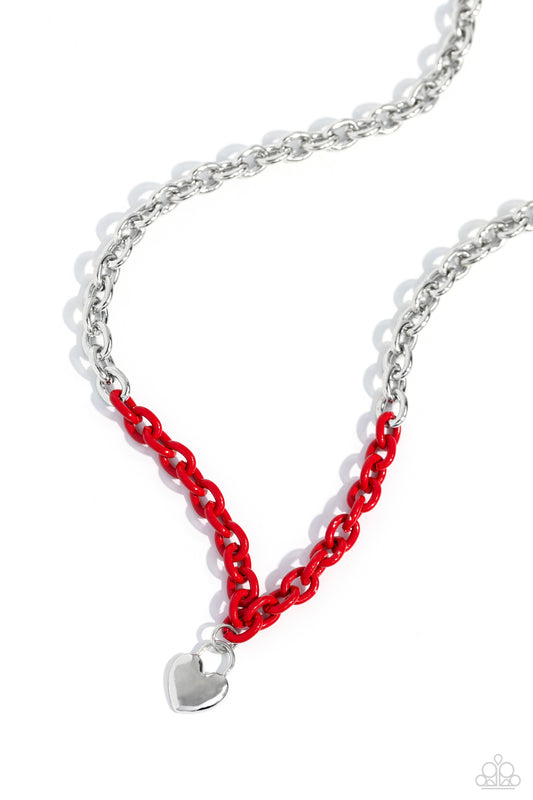 Paparazzi Accessories Locked Down - Red Infused with splashes of red chain, a lengthened oversized high-sheen silver chain dances down the chest for a spunky industrial statement. A dainty hammered silver lock pendant graces the bottom of the necklace, fu