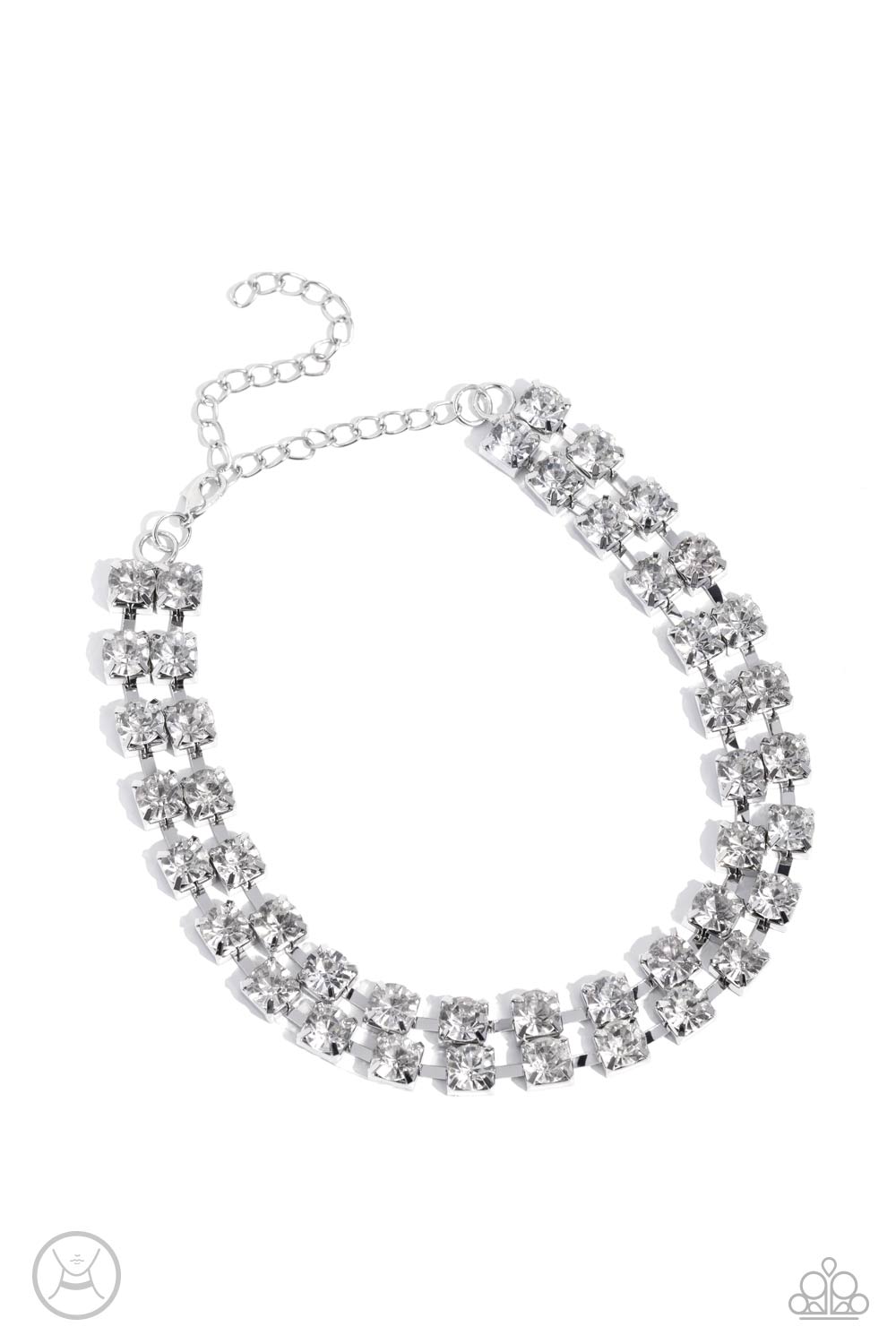 Paparazzi Accessories Glistening Gallery - White Featuring pronged silver fittings, strands of oversized, glittery white rhinestones connect with rows of silver box chains around the neck for a glittery twist. Features an adjustable clasp closure. Sold as