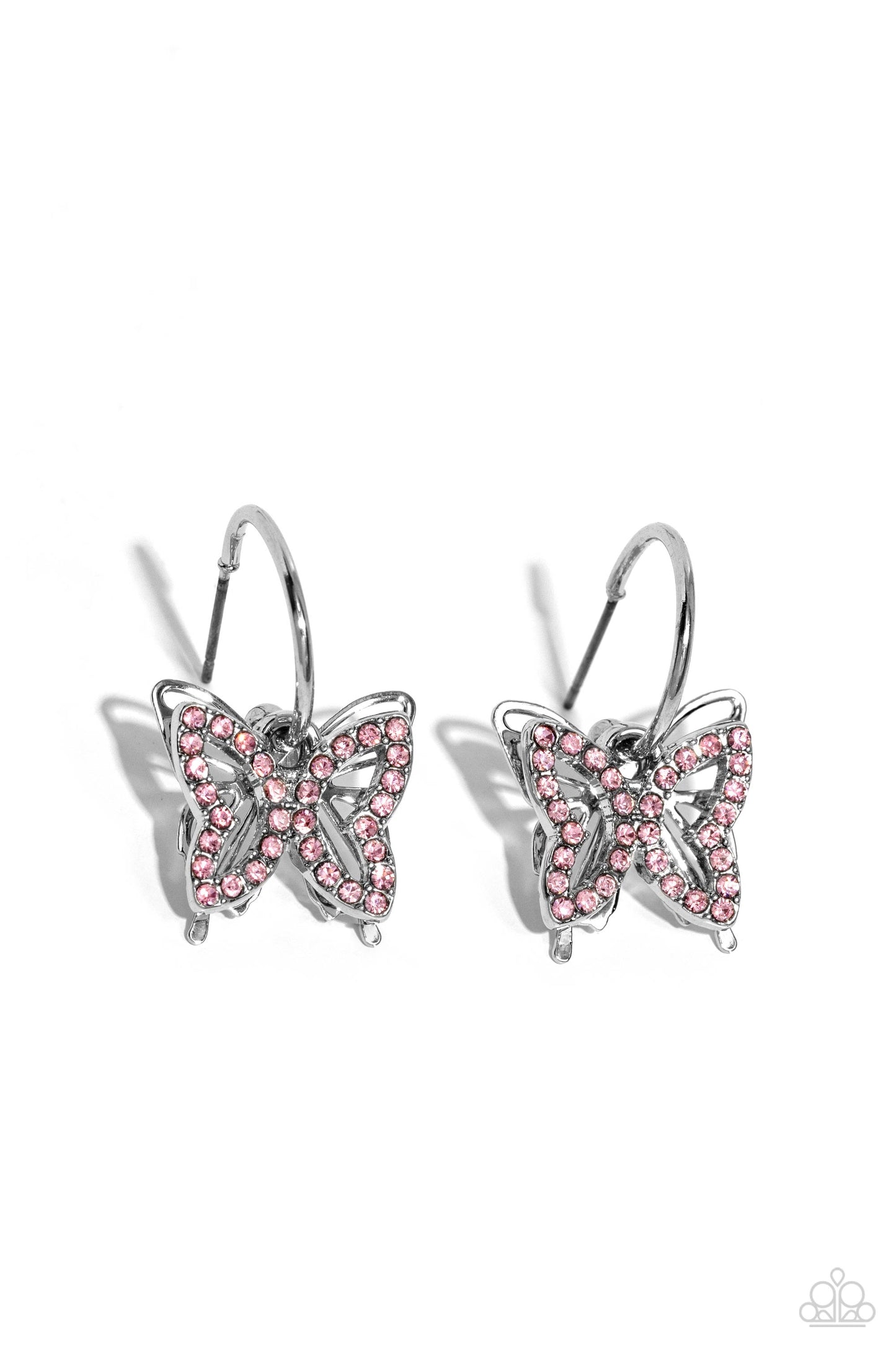 Paparazzi Accessories Lyrical Layers - Pink A small, skinny, shiny silver hoop curves around the ear in a timeless fashion. A shiny silver ball is affixed to the end of the hoop, reminiscent of a barbell fitting. A pink rhinestone-encrusted butterfly fram