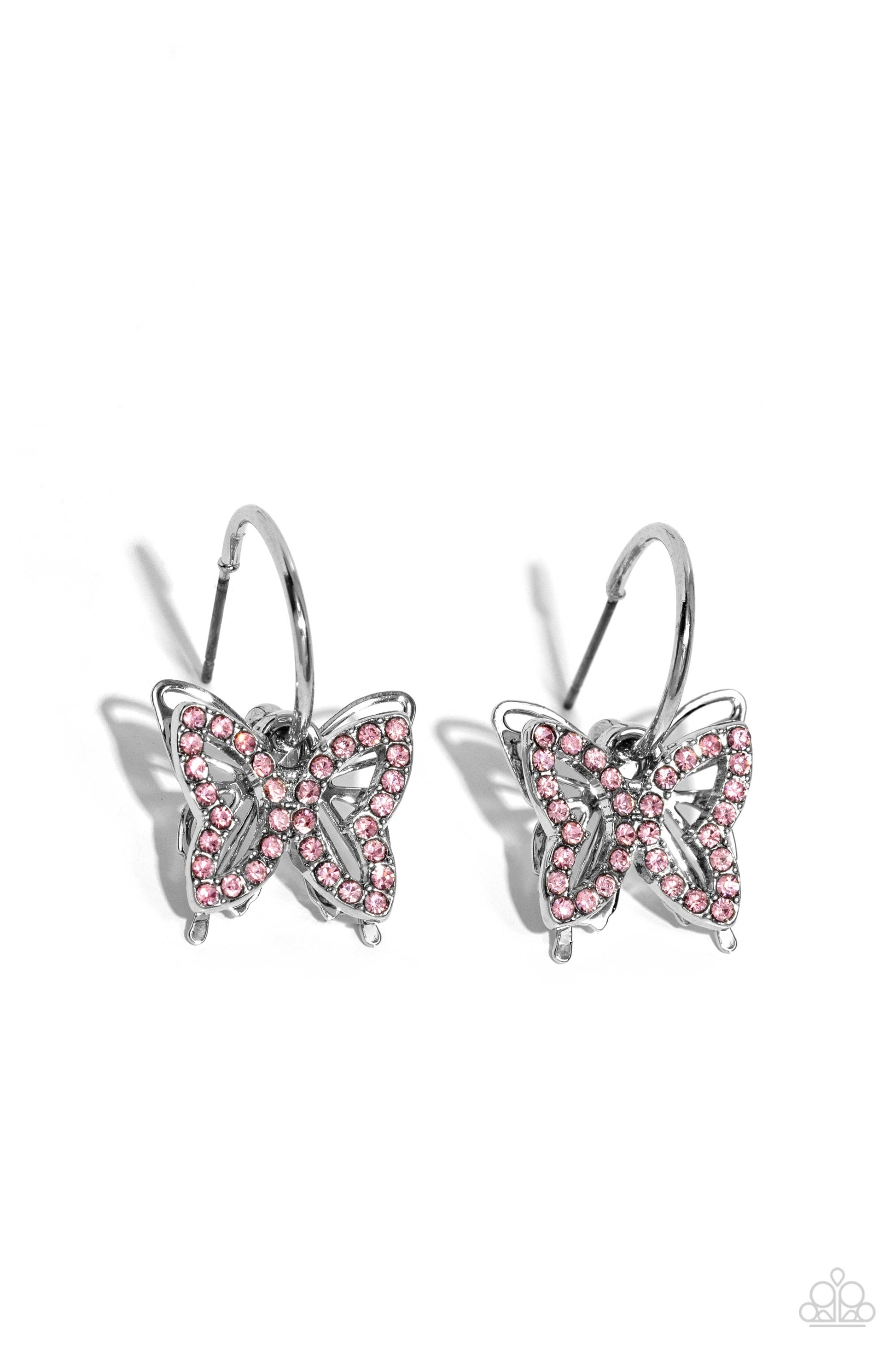 Paparazzi Accessories Lyrical Layers - Pink A small, skinny, shiny silver hoop curves around the ear in a timeless fashion. A shiny silver ball is affixed to the end of the hoop, reminiscent of a barbell fitting. A pink rhinestone-encrusted butterfly fram