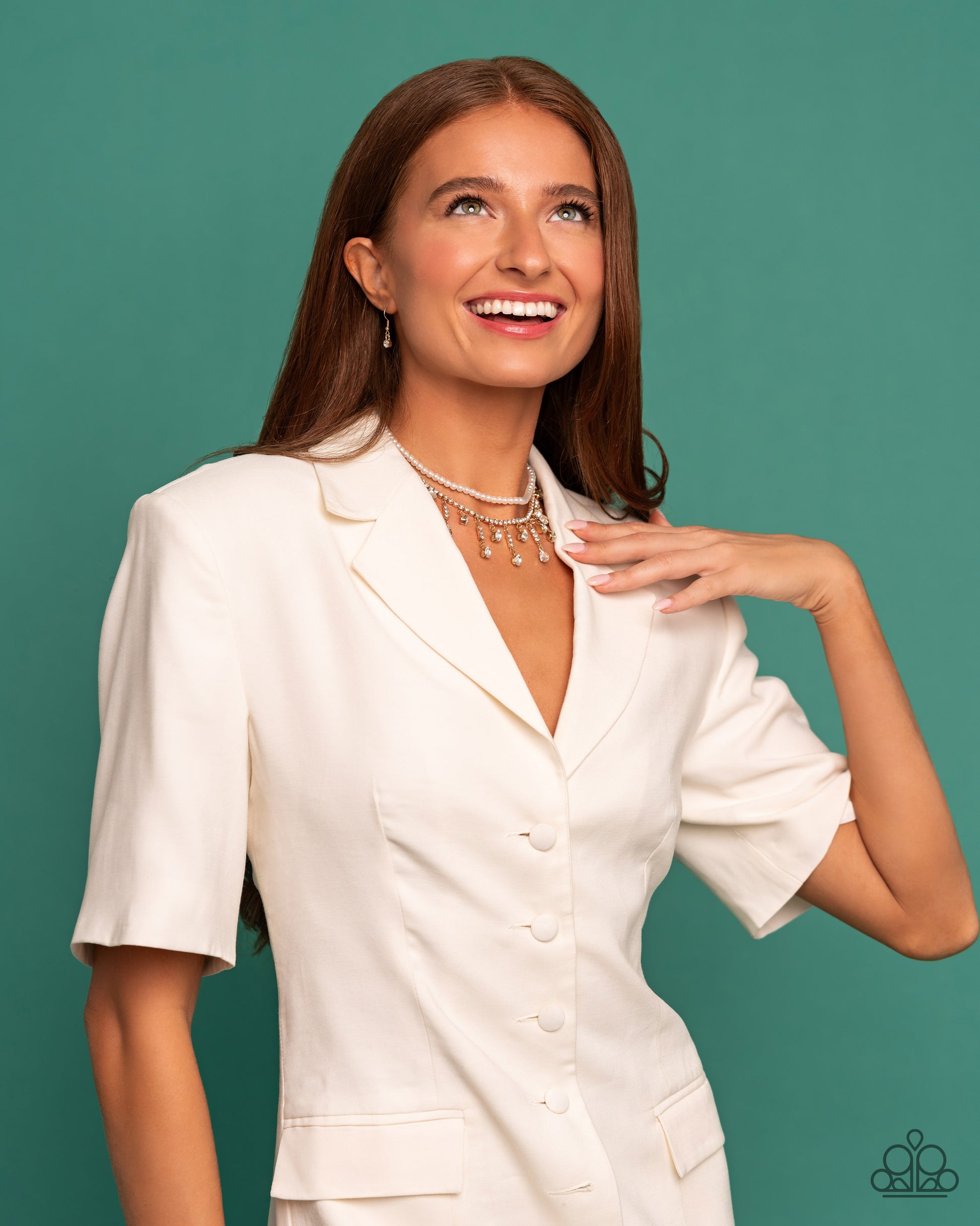 Paparazzi Accessories Lessons in Luxury - Gold Featuring a white rhinestone square-fitting chain, white teardrop-cut gems, bordered in gold pronged fittings, swing from streams of glittery rhinestones while solitaire teardrop gems drip in an alternating p