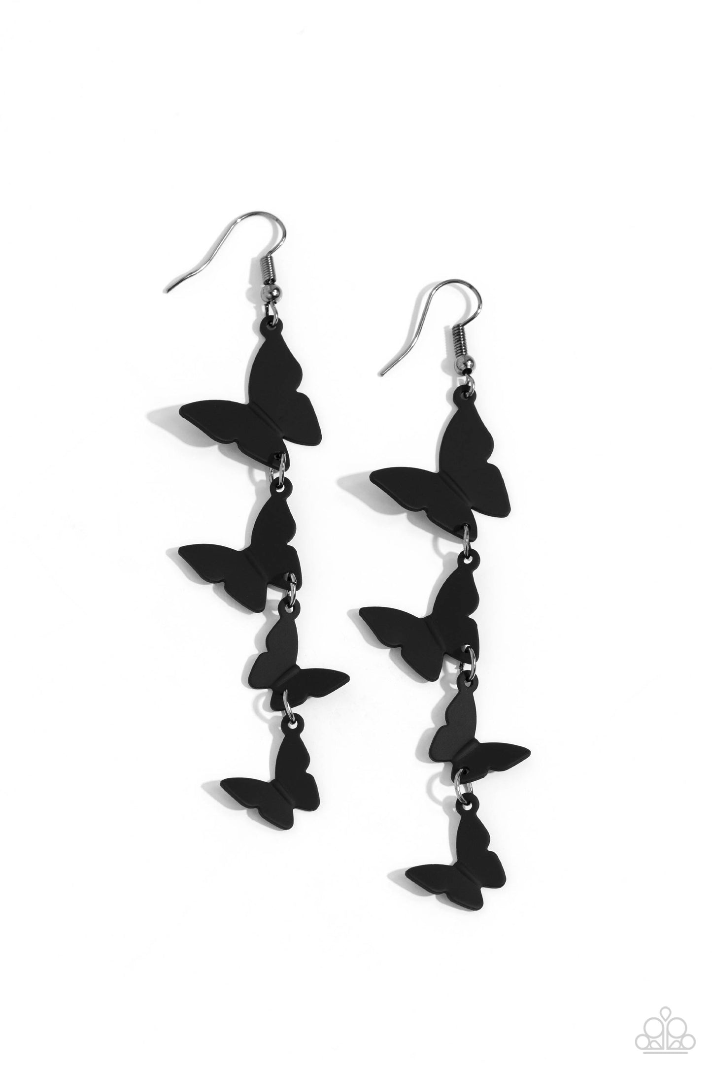 Paparazzi Accessories Haphazard Headliner - Black A collection of black butterflies fall from the ear in an alternating, haphazard pattern, slowly decreasing in size, culminating in a whimsical lure. Earring attaches to a standard fishhook fitting. Sold a