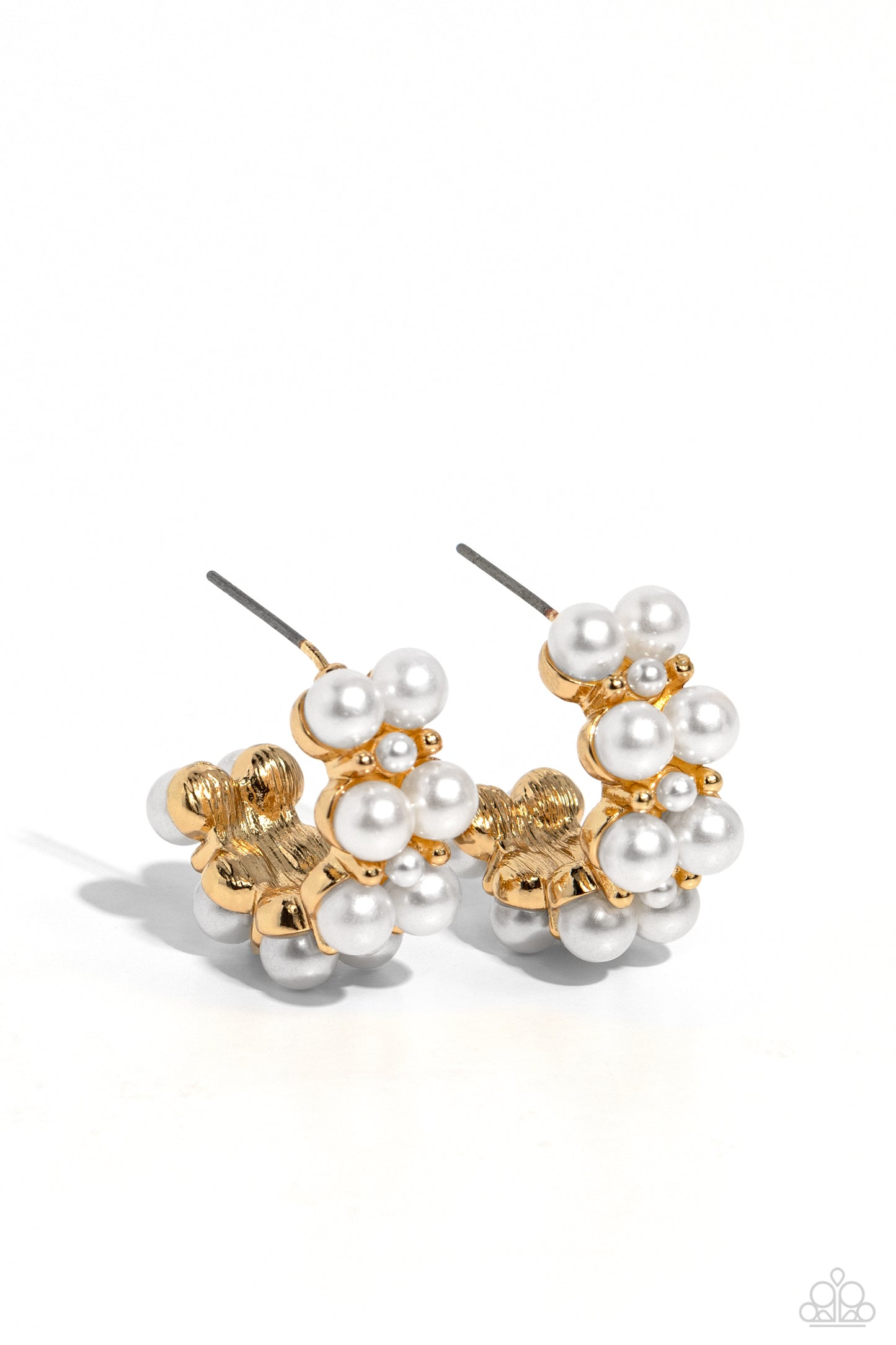 Paparazzi Accessories White Collar Wardrobe - Gold Two rows of bubbly white pearls stack and form into a scalloped pattern. Daintily curling around the ear, the bubbly effect of the high-sheen gold studs and daintier pearls separating the larger pearls cr