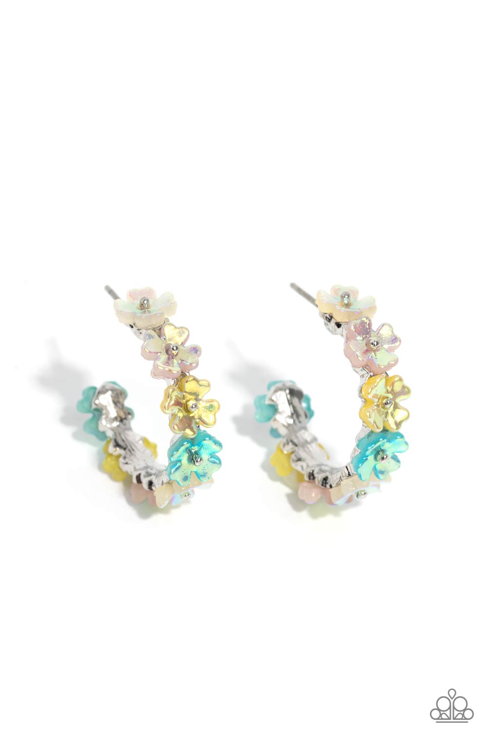Paparazzi Accessories Floral Focus - Multi Tiny white, light pink, yellow, and light blue iridescent flowers connect to one another as they wrap around the ear to create a charming, dainty hoop. Earring attaches to a standard post fitting. Hoop measures a