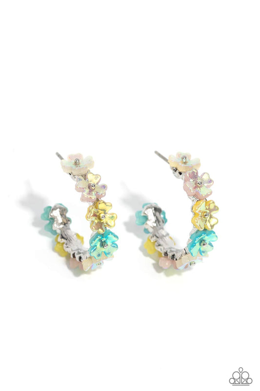 Paparazzi Accessories Floral Focus - Multi Tiny white, light pink, yellow, and light blue iridescent flowers connect to one another as they wrap around the ear to create a charming, dainty hoop. Earring attaches to a standard post fitting. Hoop measures a