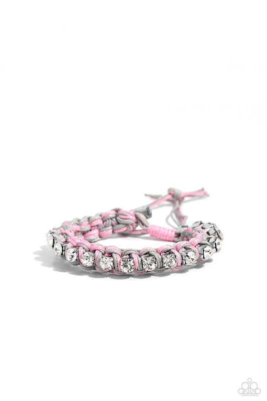 Paparazzi Accessories The Next Big STRING - Silver Strands of gray and pink cording ornately weave across the wrist, creating an earthy braid. Sporadically dotted through the cording, white rhinestones, set in silver square fittings add a bit of lively da