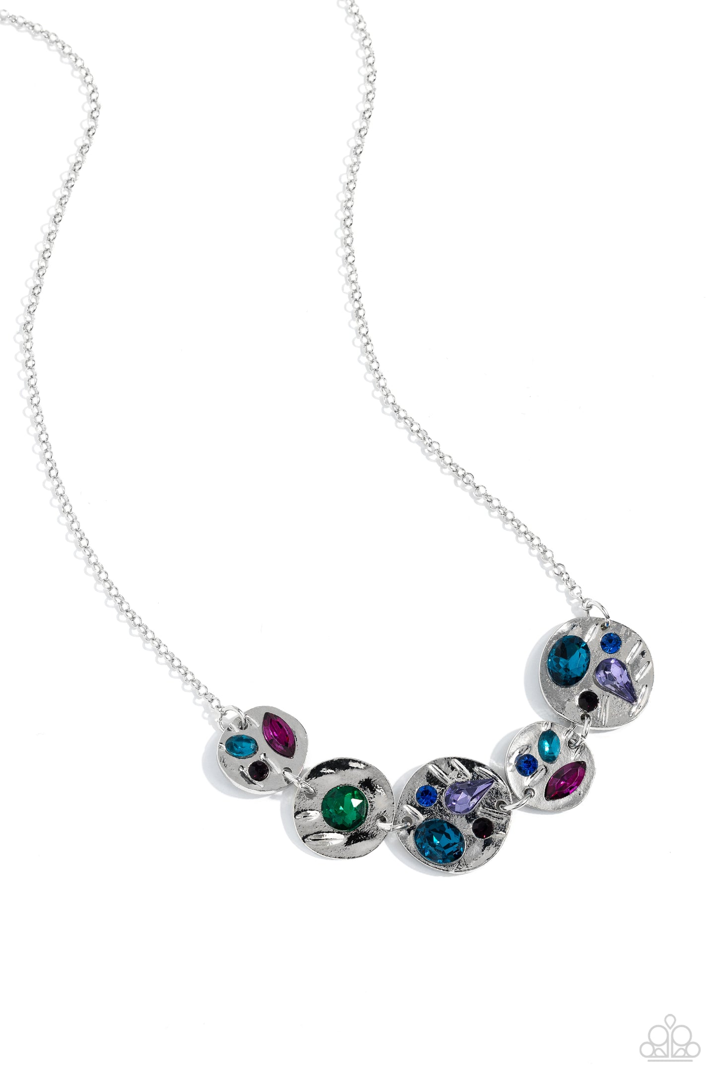 Paparazzi Accessories Handcrafted Honor - Multi Falling down the neckline from a shimmery dainty silver chain, silver hammered discs embellished with shimmery pink, blue, purple, and green gems in round, teardrop, oval and marquise cuts, sparkle and shine