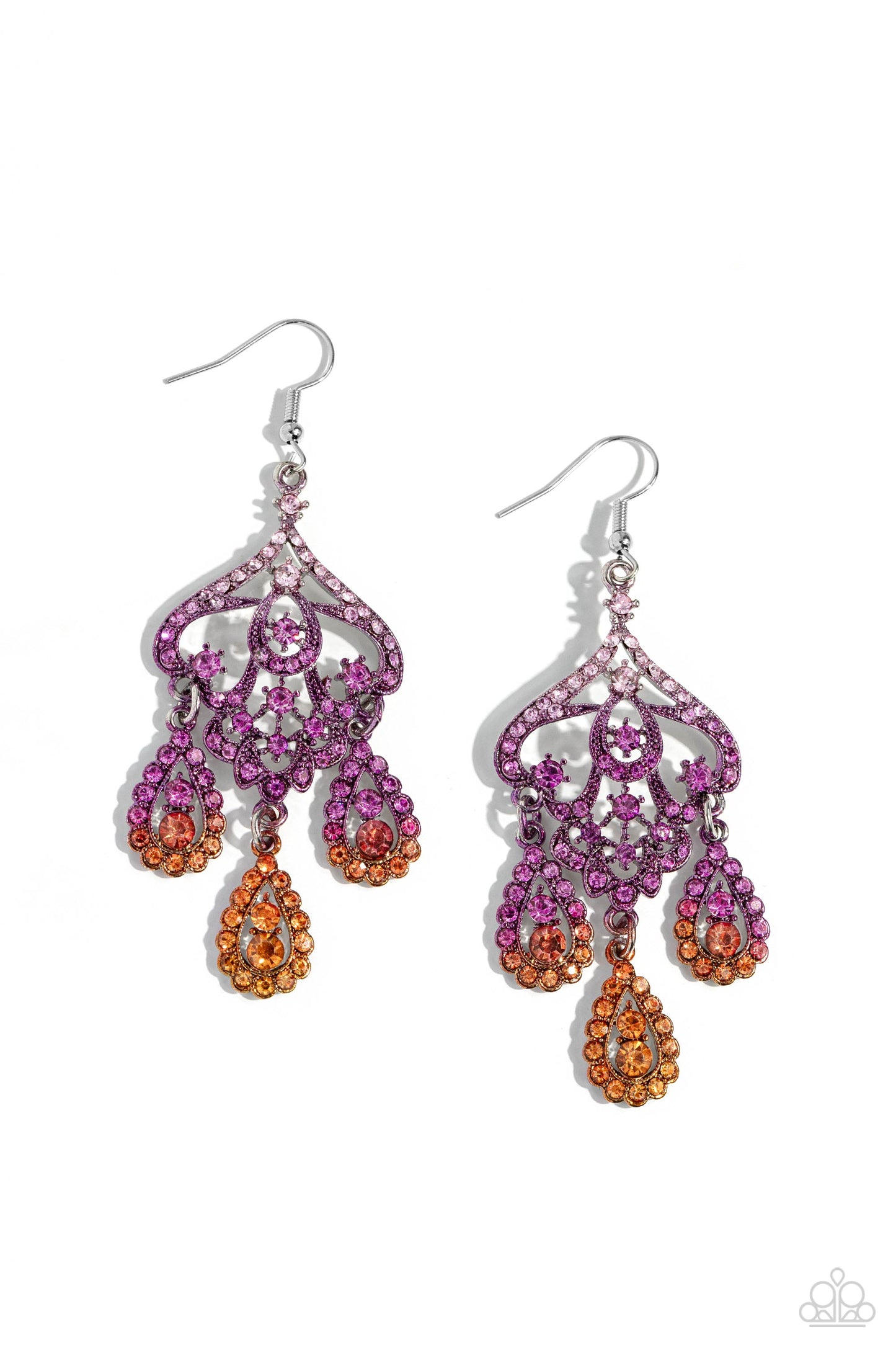Paparazzi Accessories Chandelier Command - Multi Three rhinestone-encrusted teardrops drip from the bottom of an ornate decorative frame, creating an elegant fringe. The decorative frame swirls with ombré rhinestones that go from pink to purple to orange