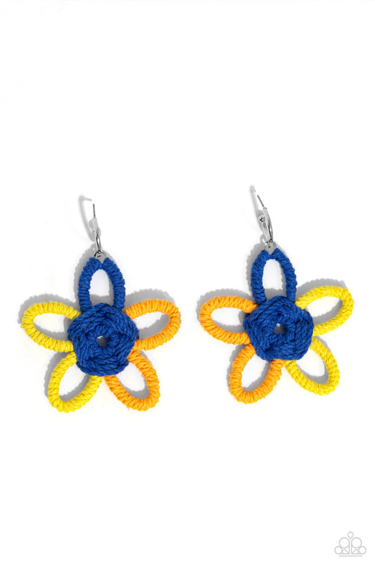 Paparazzi Accessories Spin a Yarn - Orange Featuring High Visibility, Persian Jewel, and orange yarn, an oversized flower swings freely from a dainty silver hoop, creating a playful lure. Earring attaches to a standard post fitting. Hoop measures approxim