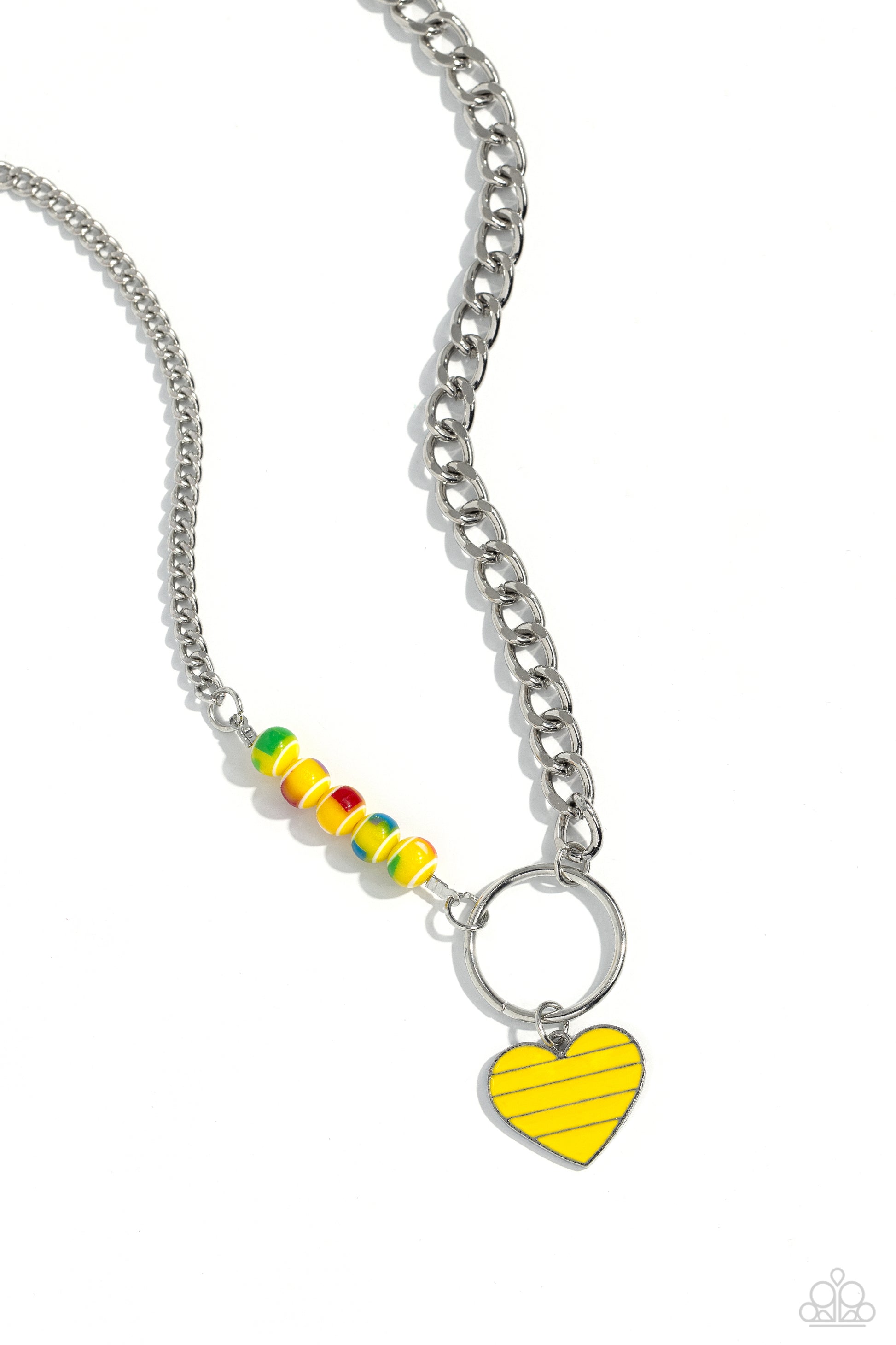Paparazzi Accessories Mismatched Mayhem - Yellow A strand of flat silver curb chain collides with a classic chain and a vivacious collection of yellow beads, featuring various multicolored splatters across its surface, to create an abstract blend of color