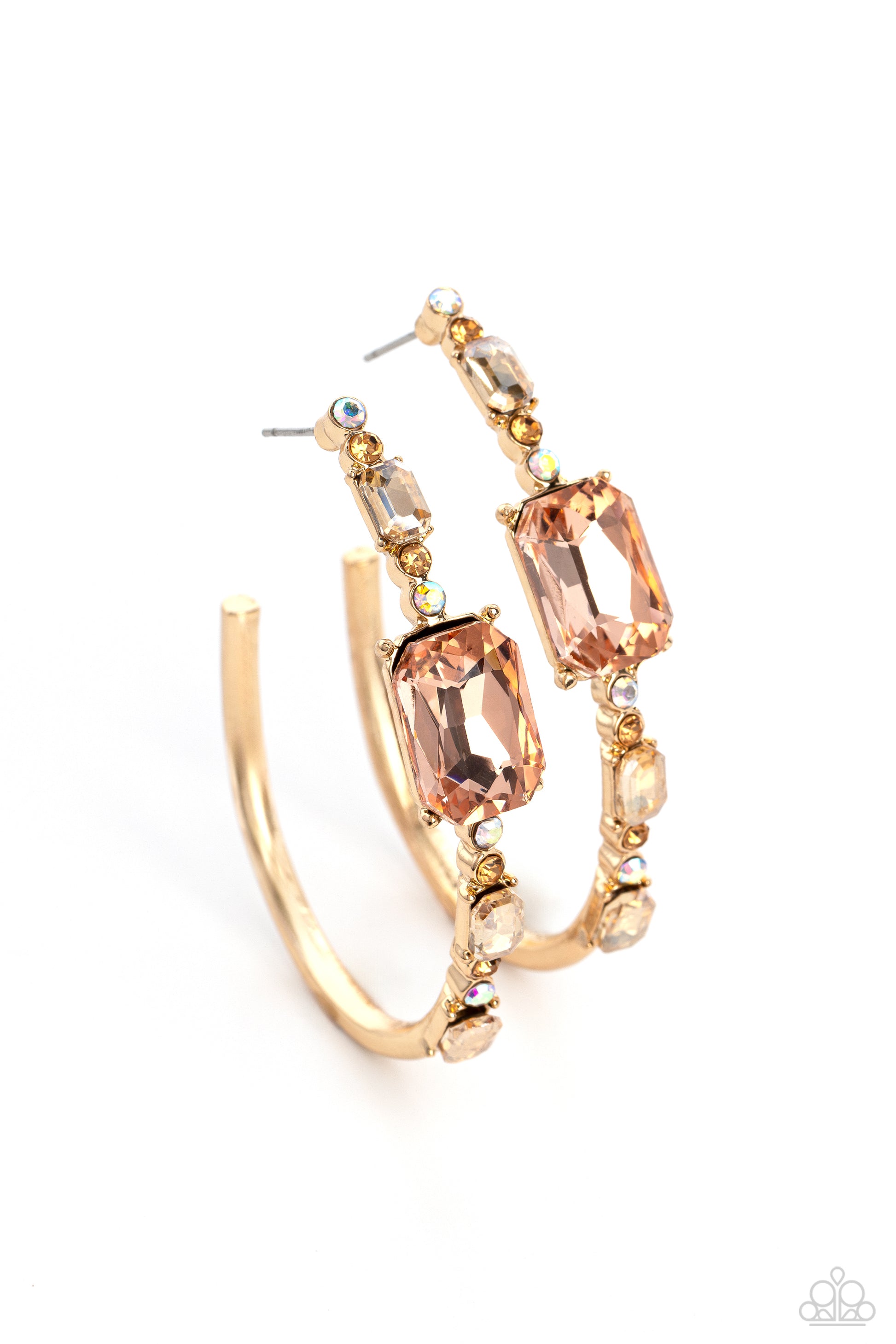 Paparazzi Accessories Elite Ensemble - Gold Encrusted in round and emerald-cut champagne, peach, iridescent and golden topaz gems, an exaggerated oblong gold hoop curls around the ear, refracting light in a dramatic, knockout finish. Earring attaches to a