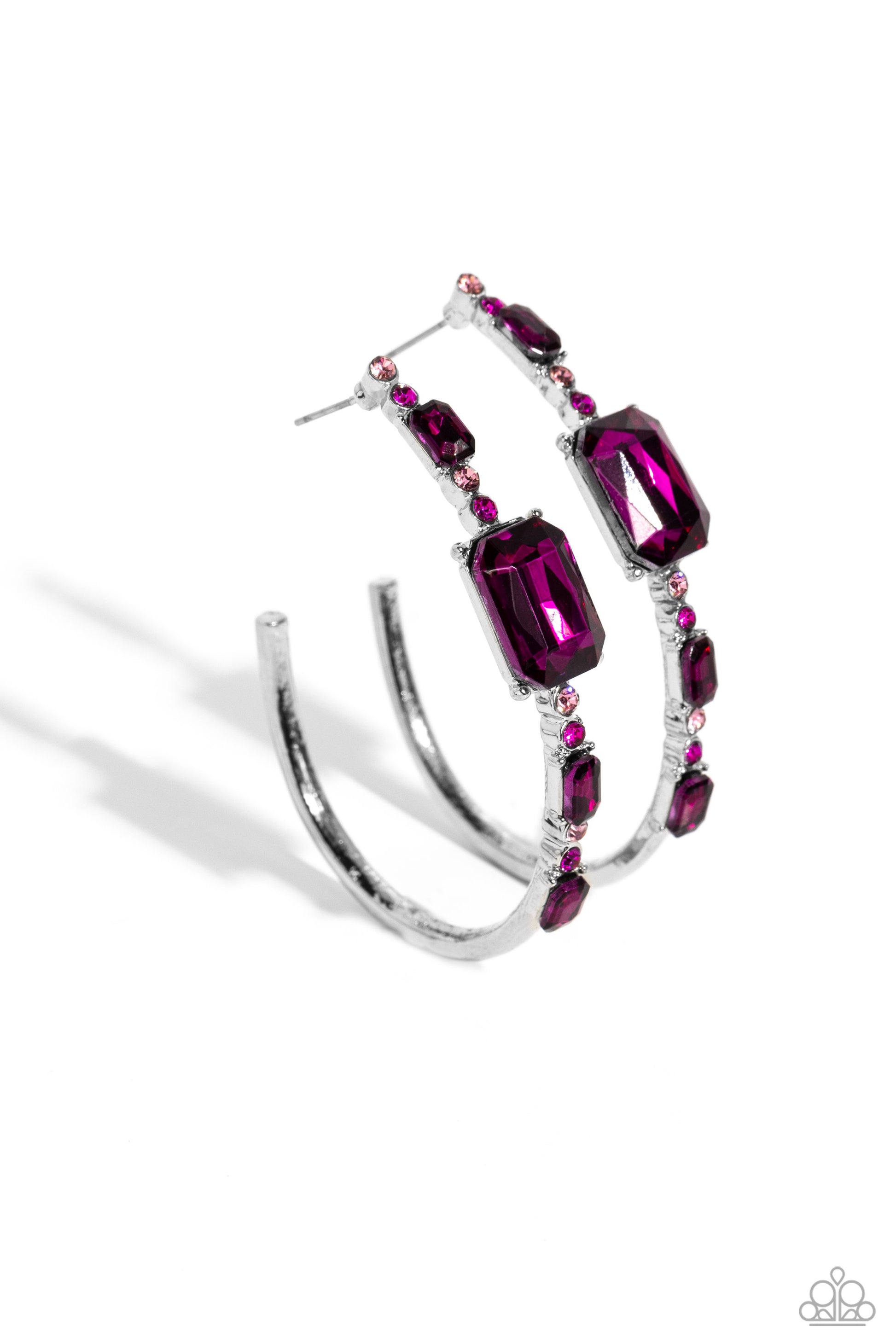 Paparazzi Accessories Elite Ensemble - Pink Encrusted in round and emerald-cut fuchsia and pink gems, an exaggerated oblong silver hoop curls around the ear, refracting light in a dramatic, knockout finish. Earring attaches to a standard post fitting. Hoo