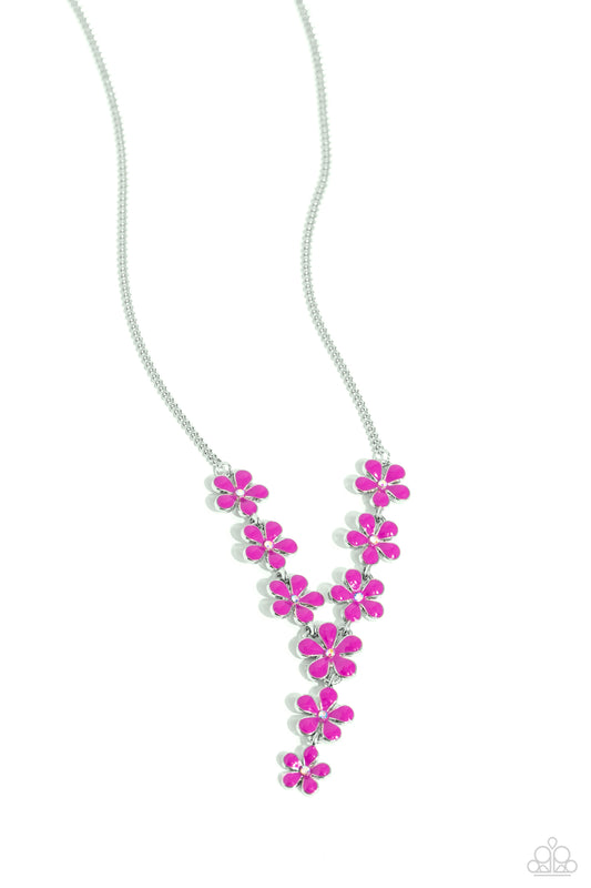 Paparazzi Accessories Flowering Feature - Multi Dotted with iridescent rhinestone centers, whimsical Rose Violet paint flowers delicately link into an extended pendant below the collar for an ethereal fashion. Features an adjustable clasp closure. Due to