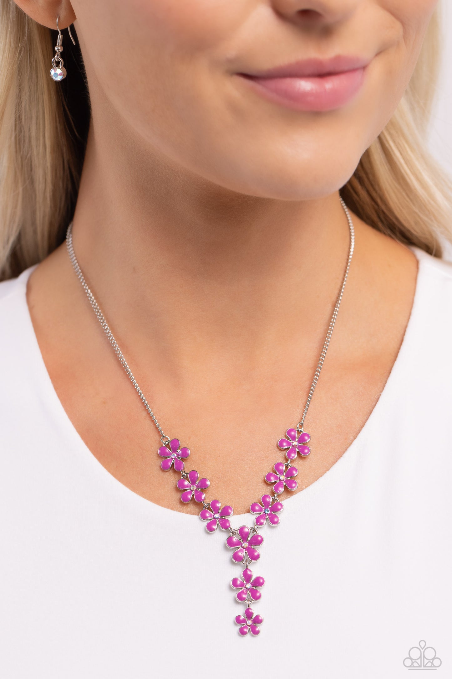 Paparazzi Accessories Flowering Feature - Multi Dotted with iridescent rhinestone centers, whimsical Rose Violet paint flowers delicately link into an extended pendant below the collar for an ethereal fashion. Features an adjustable clasp closure. Due to