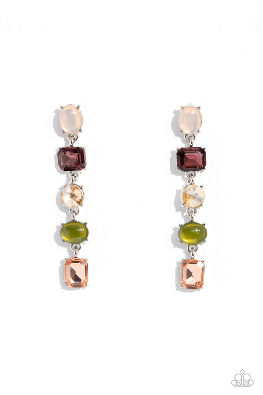 Paparazzi Accessories Sophisticated Stack - Multi Featuring various opacities, sheens, and cuts, five multicolored rhinestones, set in dainty silver pronged settings, stack one over the other, creating a refined lure with a dash of color and sparkle. Earr