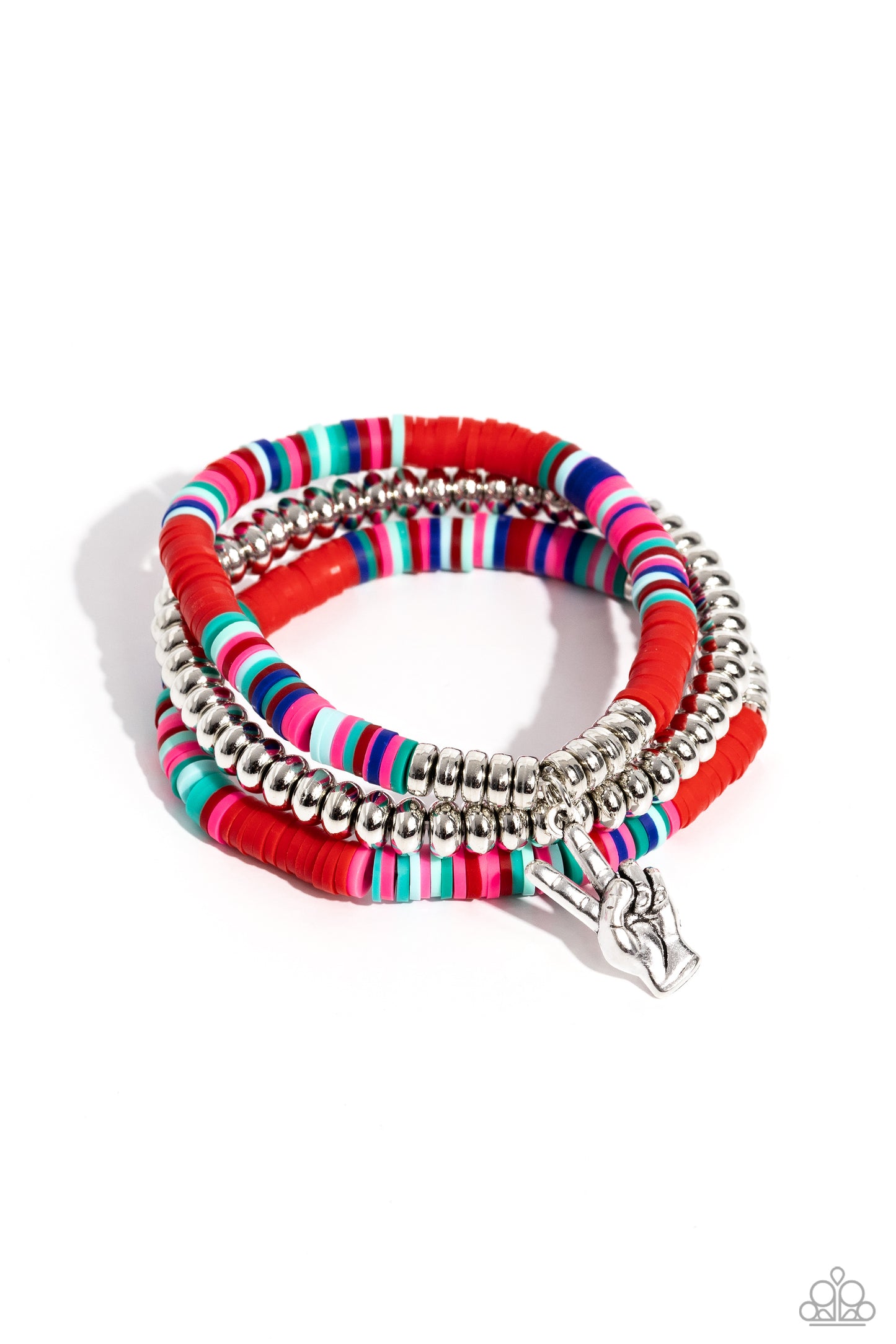 Paparazzi Accessories Peaceful Potential - Red Infused along stretchy bands red, pink, green, and various shades of blue rubber discs combine with sporadically placed silver discs and a silver disc strand for a vibrant pop of color along the wrist. A silv