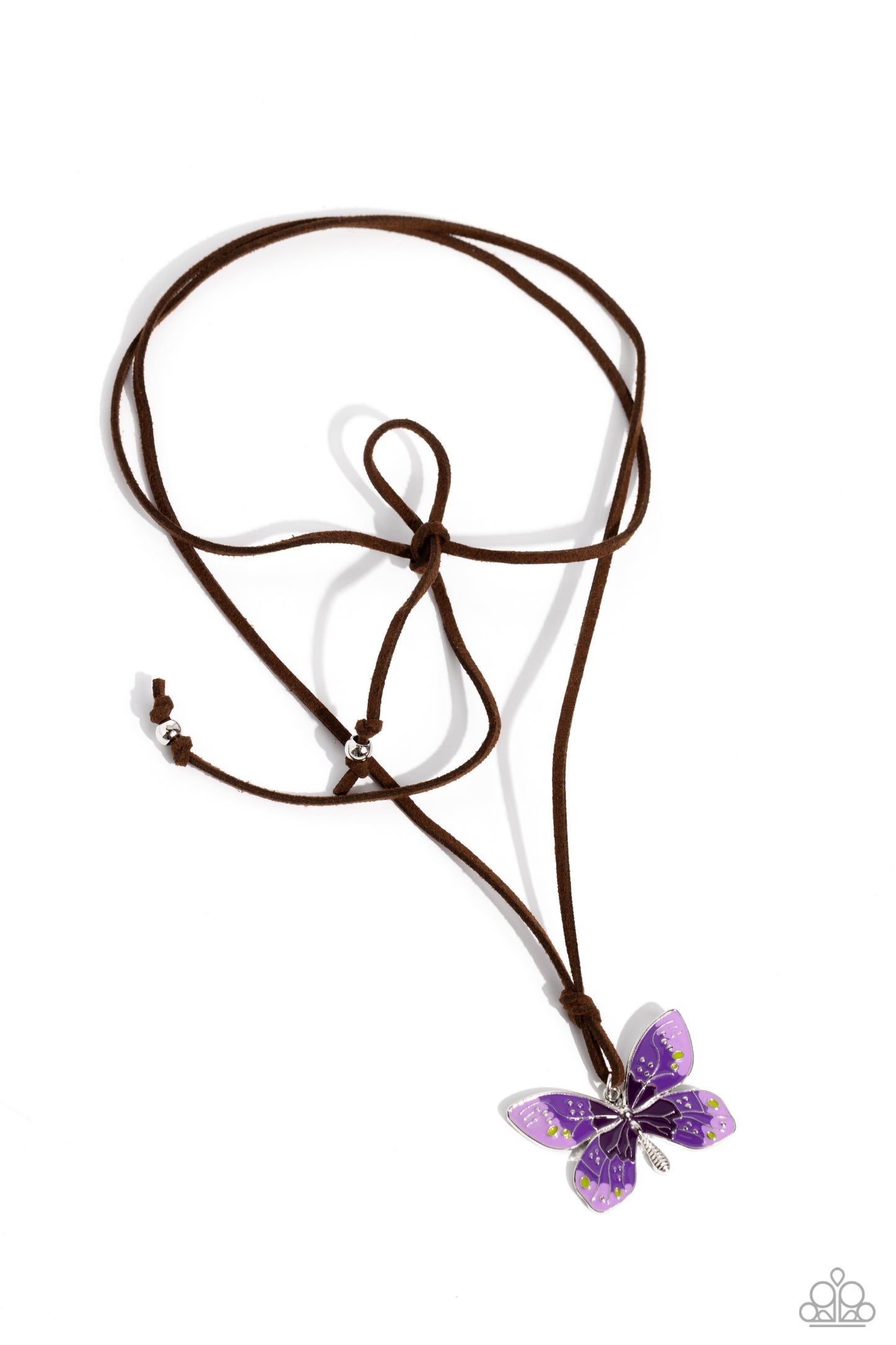 Paparazzi Accessories Winged Wanderer - Purple Featuring an ombre effect of lavender to purple to plum and accents of Leek Green, a vivacious oversized butterfly flutters at the bottom of a knotted lengthened strand of brown suede for a wanderlust stateme