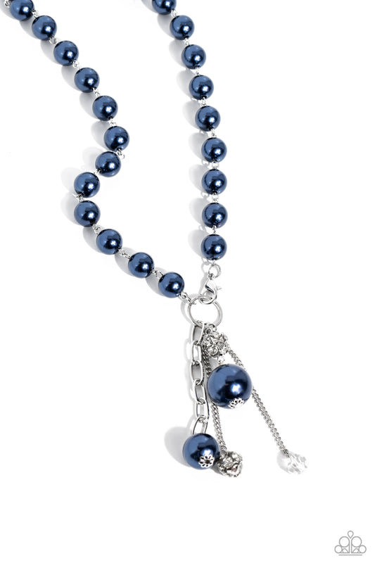 Paparazzi Accessories White Collar Welcome - Blue Montana pearls trickle below the collar attaching to a silver hoop as it nears the center of the chest. Accented with oversized Montana pearls, rhinestone-encrusted beads, faceted clear beads, and strands