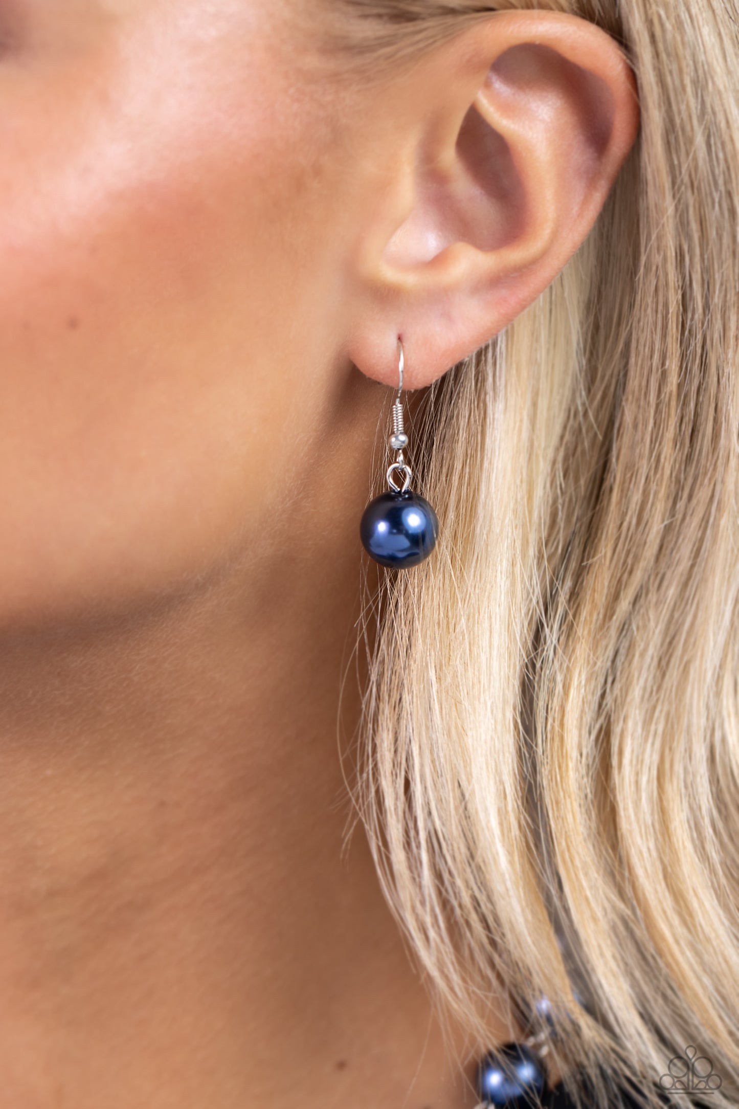 Paparazzi Accessories White Collar Welcome - Blue Montana pearls trickle below the collar attaching to a silver hoop as it nears the center of the chest. Accented with oversized Montana pearls, rhinestone-encrusted beads, faceted clear beads, and strands