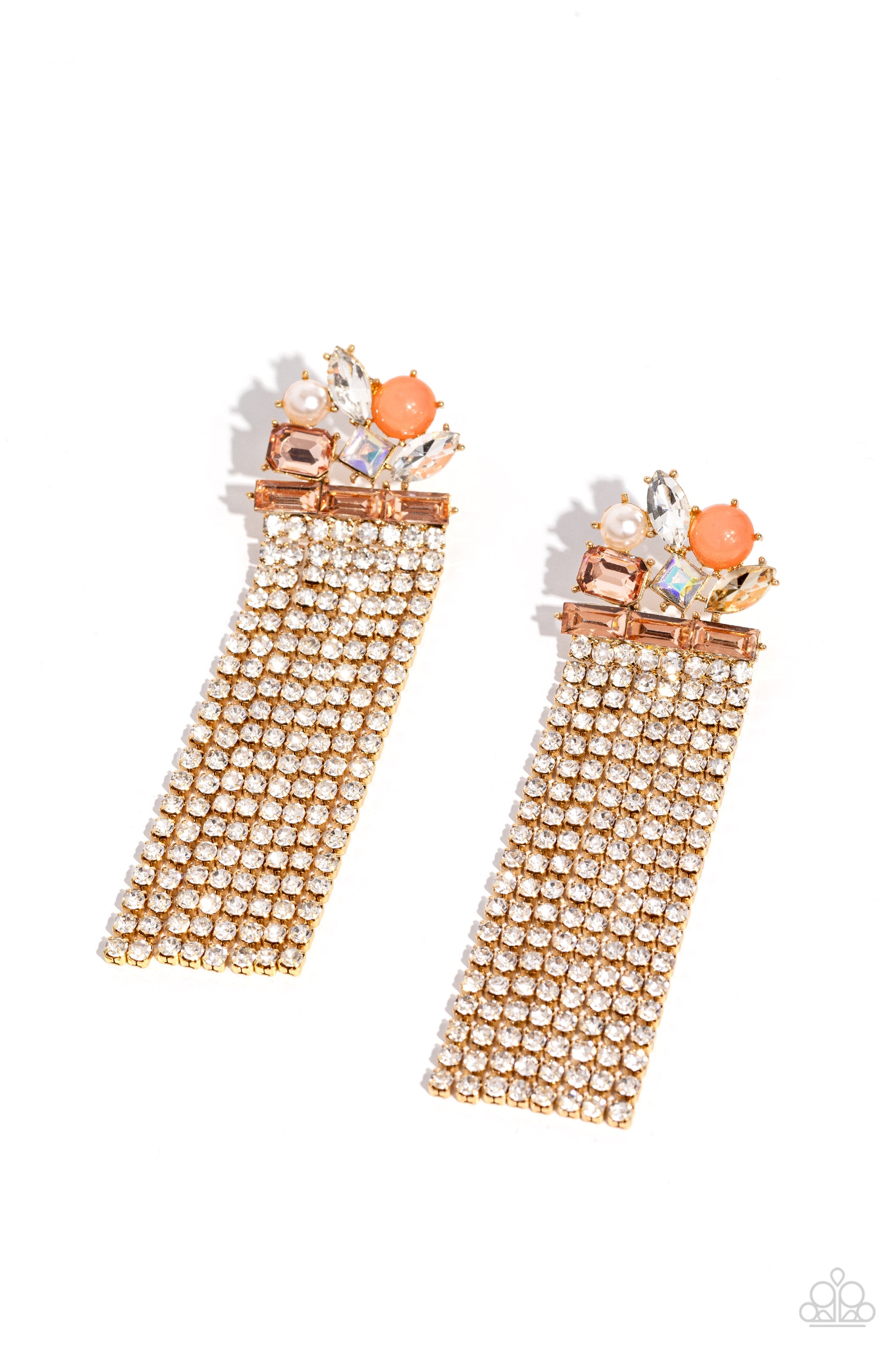 Paparazzi Accessories Horizontal Hallmark - Gold Featuring pronged gold fittings, a trio of peachy emerald-cut gems lay across the ear in a horizontal manner. Various peachy, white, and iridescent gems and a milky orange bead and white pearl haphazardly c