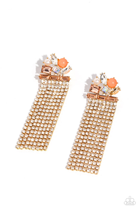 Paparazzi Accessories Horizontal Hallmark - Gold Featuring pronged gold fittings, a trio of peachy emerald-cut gems lay across the ear in a horizontal manner. Various peachy, white, and iridescent gems and a milky orange bead and white pearl haphazardly c