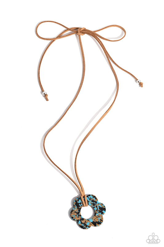 Paparazzi Accessories Tied Triumph - Brown Featuring brown and black marbling, an airy turquoise flower is knotted at the bottom of a lengthened strand of brown suede for a southwestern-inspired statement. Features an adjustable tie closure. Sold as one i