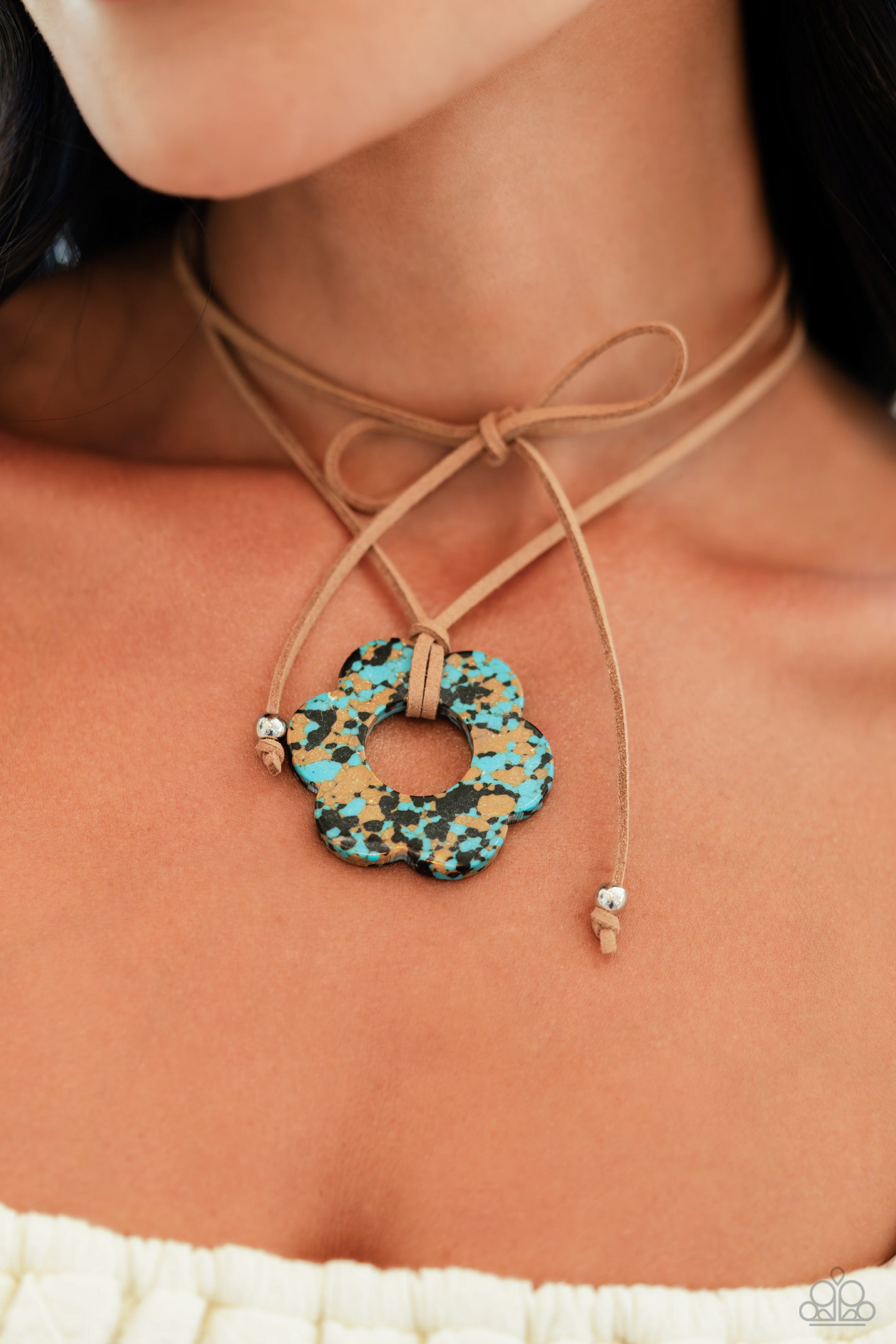Paparazzi Accessories Tied Triumph - Brown Featuring brown and black marbling, an airy turquoise flower is knotted at the bottom of a lengthened strand of brown suede for a southwestern-inspired statement. Features an adjustable tie closure. Sold as one i