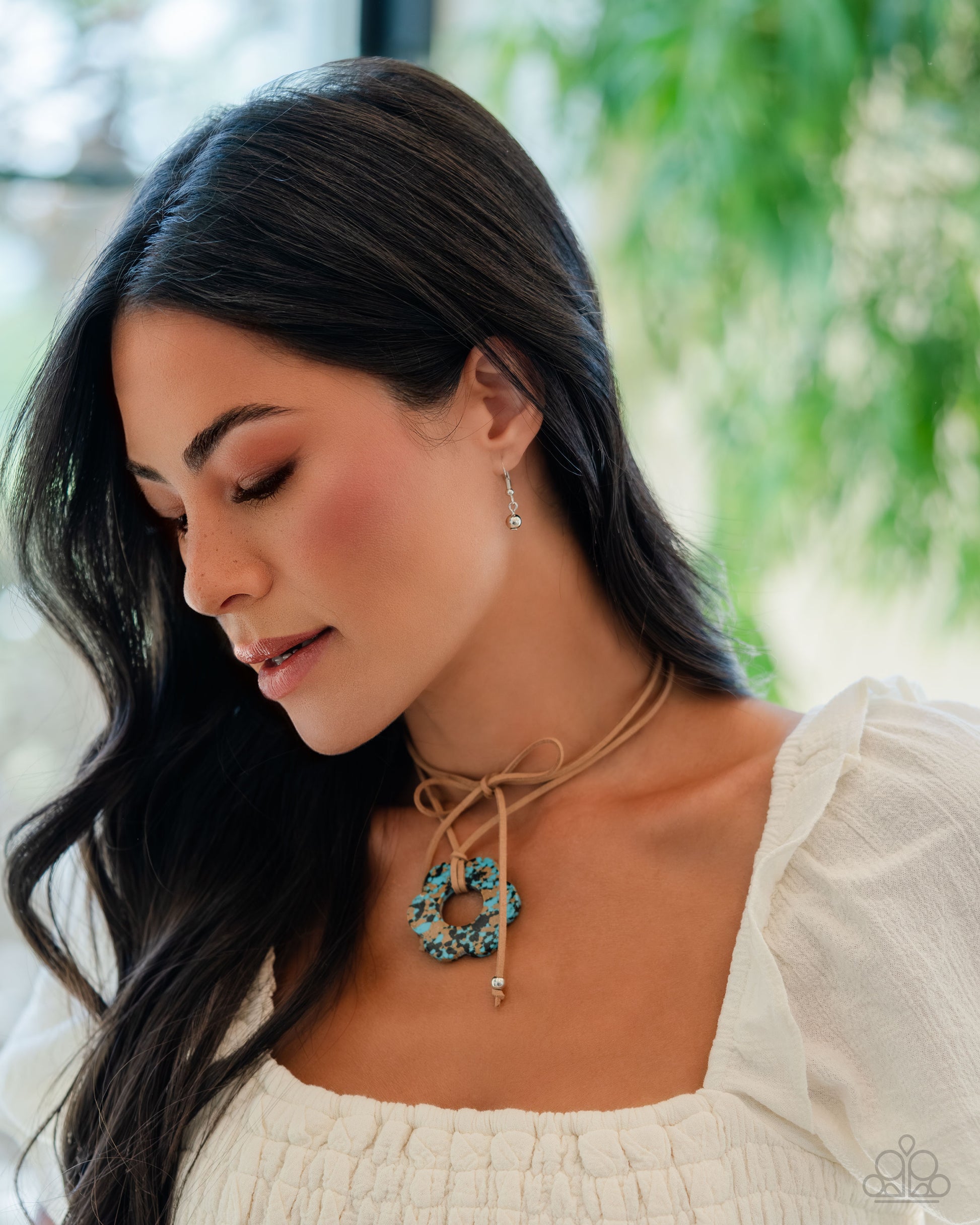 Paparazzi Accessories Tied Triumph - Brown Featuring brown and black marbling, an airy turquoise flower is knotted at the bottom of a lengthened strand of brown suede for a southwestern-inspired statement. Features an adjustable tie closure. Sold as one i