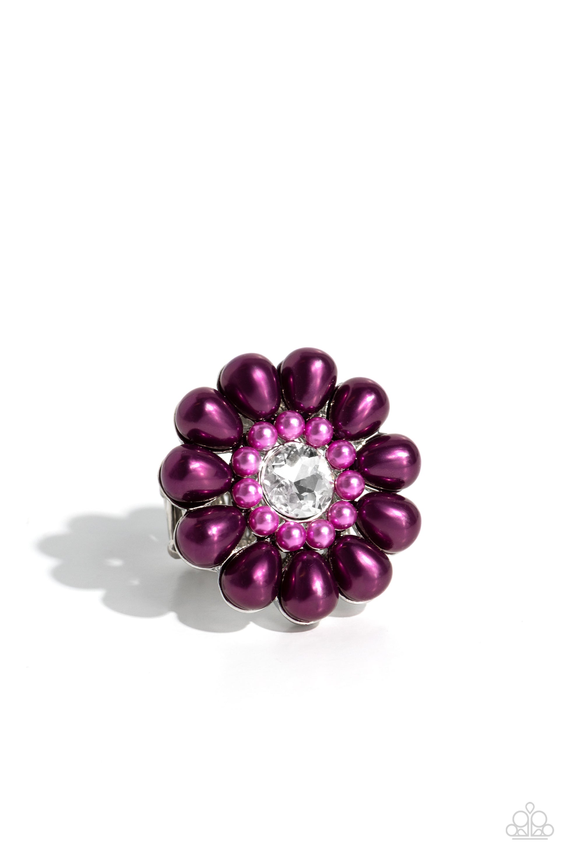 Paparazzi Accessories PEARL Talk - Purple Featuring a glassy white gem center, bubbly oversized plum pearl petals fan out from dainty orchid pearl settings atop the finger on airy silver bands for a sophisticated floral fashion. Features a stretchy band f