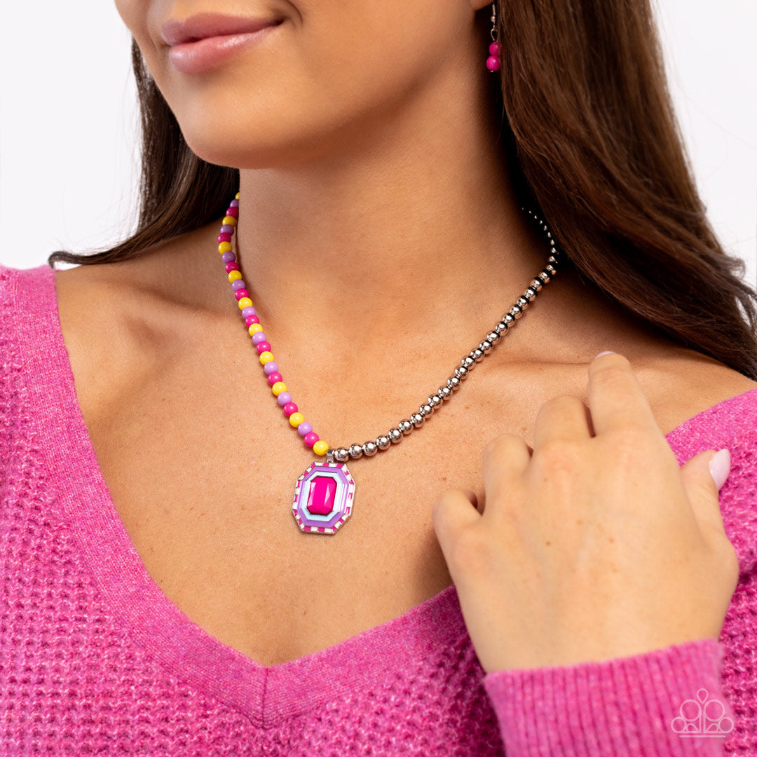 Paparazzi Accessories Contrasting Candy - Multi A strand of silver beads collides with High Visibility, lavender, and Fuchsia Fedora glossy beads that lay on the opposite side to create a contrasting blend of color and sheen. An oversized emerald-cut pend