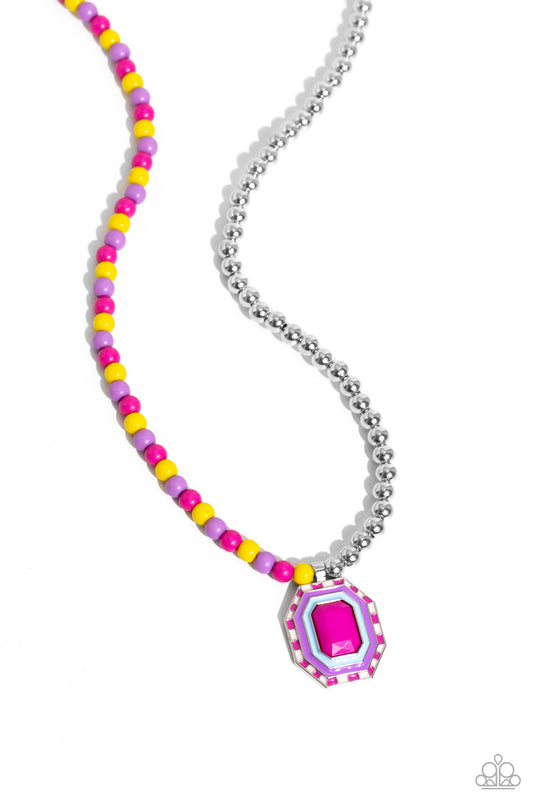 Paparazzi Accessories Contrasting Candy - Multi A strand of silver beads collides with High Visibility, lavender, and Fuchsia Fedora glossy beads that lay on the opposite side to create a contrasting blend of color and sheen. An oversized emerald-cut pend