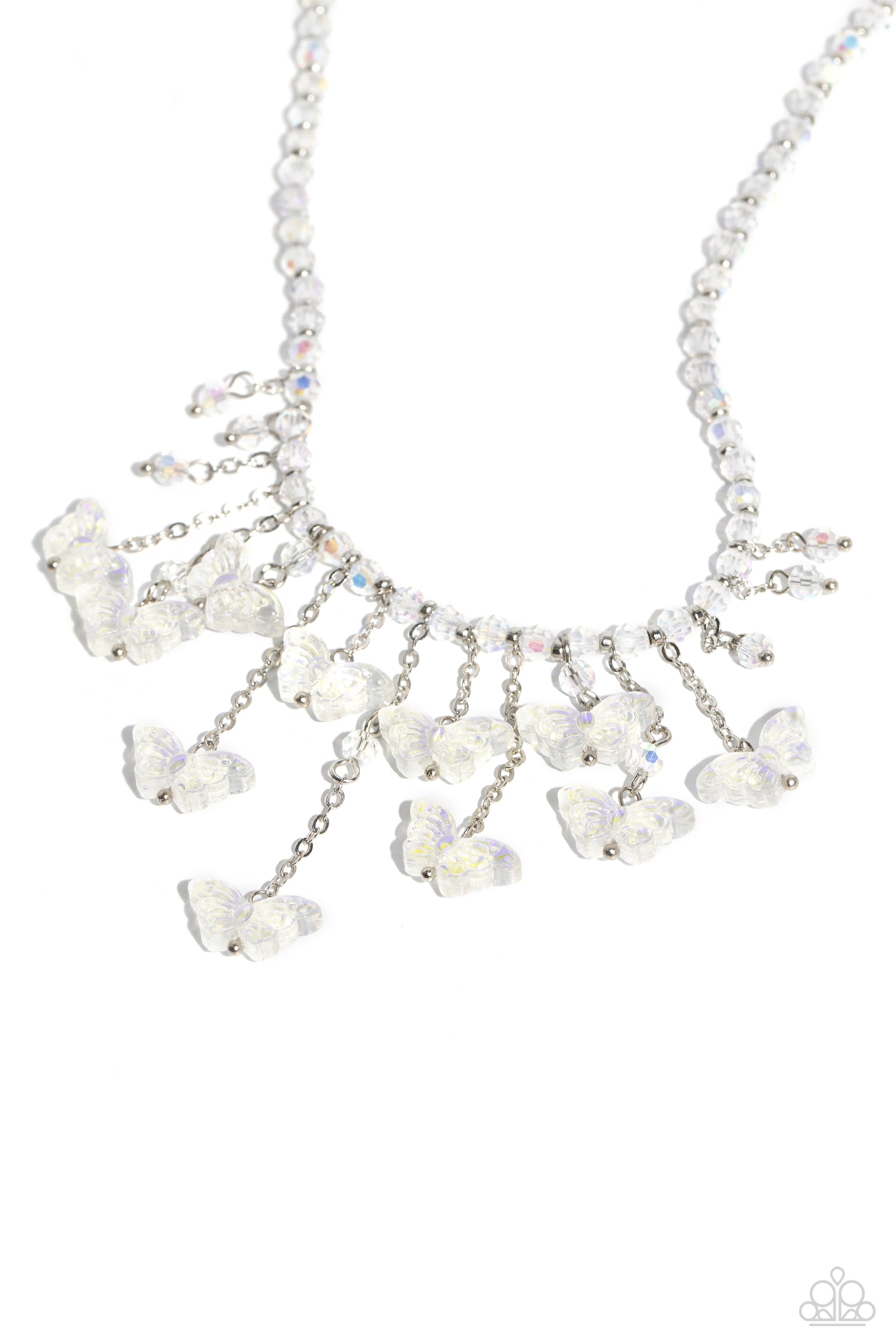 Paparazzi Accessories Majestic Metamorphosis - White Featuring a vibrant iridescence, a glittery strand of white beads alternating with dainty silver studs streams around the collar for a refined flair. Varying in length, intricate-detailed iridescent but