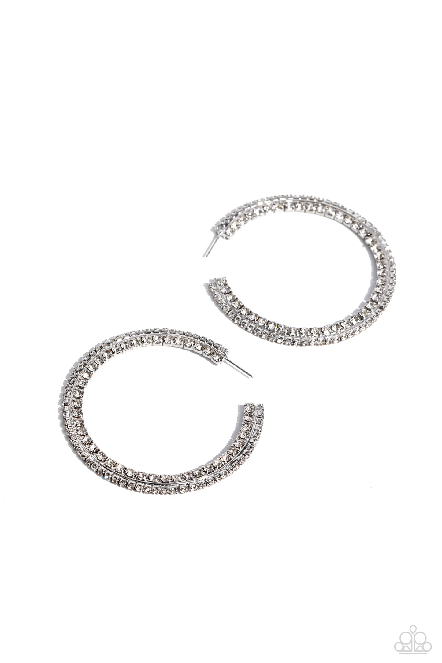 Paparazzi Accessories Scintillating Sass - White Glittery white rhinestones are encrusted along the front and side of a textured tread-like oversized white hoop for a sassy finish. Earring attaches to a standard post fitting. Hoop measures 2 1/2" in diame