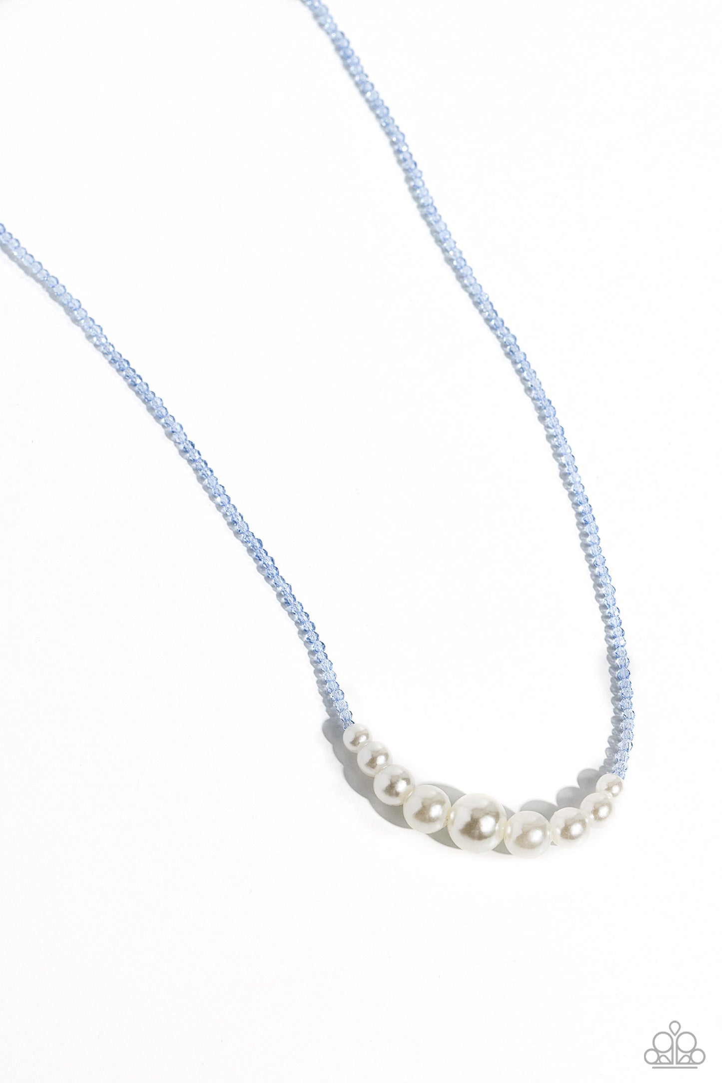 Paparazzi Accessories White Collar Whimsy - Blue Gradually increasing in size near the center, glossy white pearls stand out against dainty, glistening, glassy blue beads that are threaded along an invisible wire below the collar for a refined finish. Fea