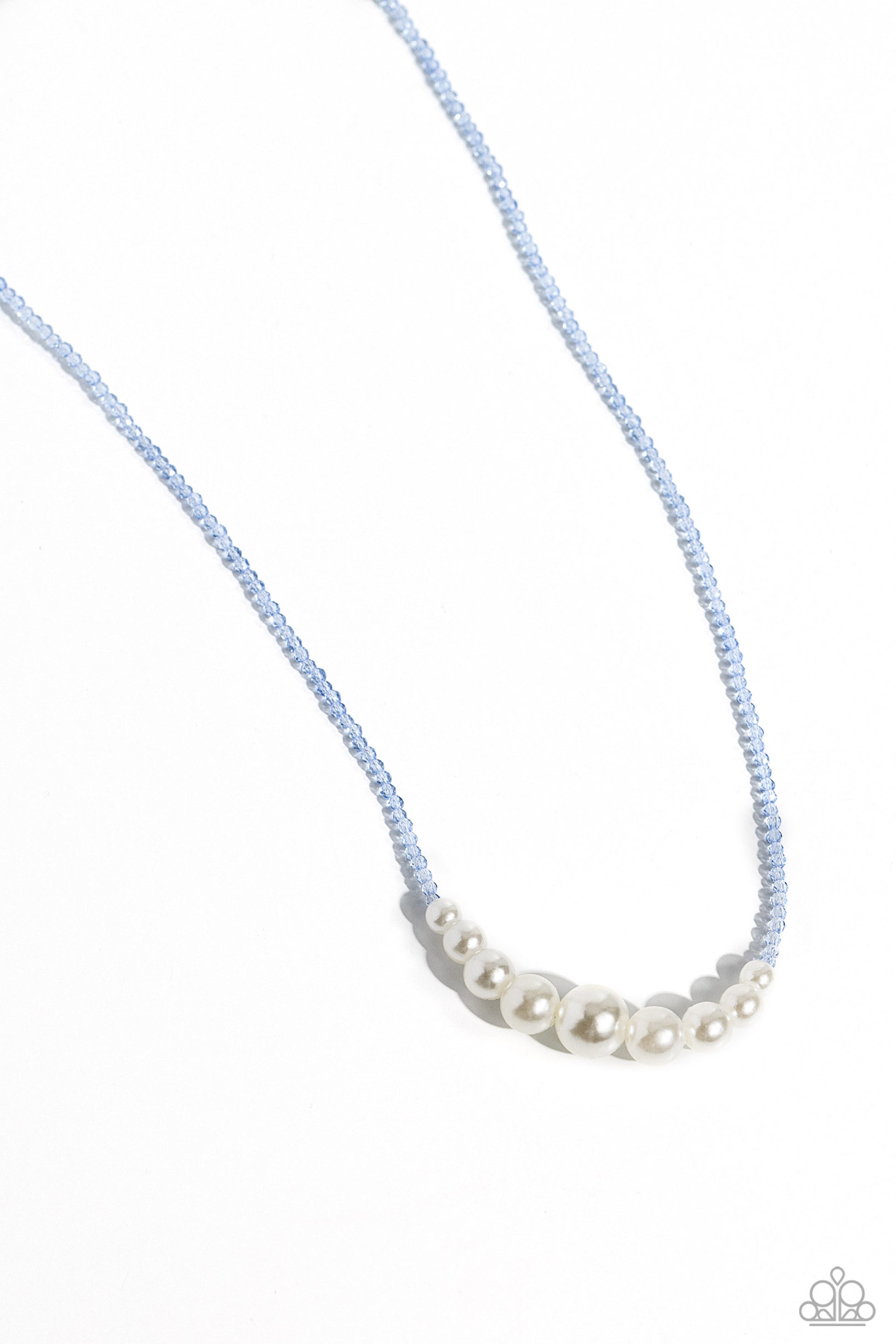 Paparazzi Accessories White Collar Whimsy - Blue Gradually increasing in size near the center, glossy white pearls stand out against dainty, glistening, glassy blue beads that are threaded along an invisible wire below the collar for a refined finish. Fea