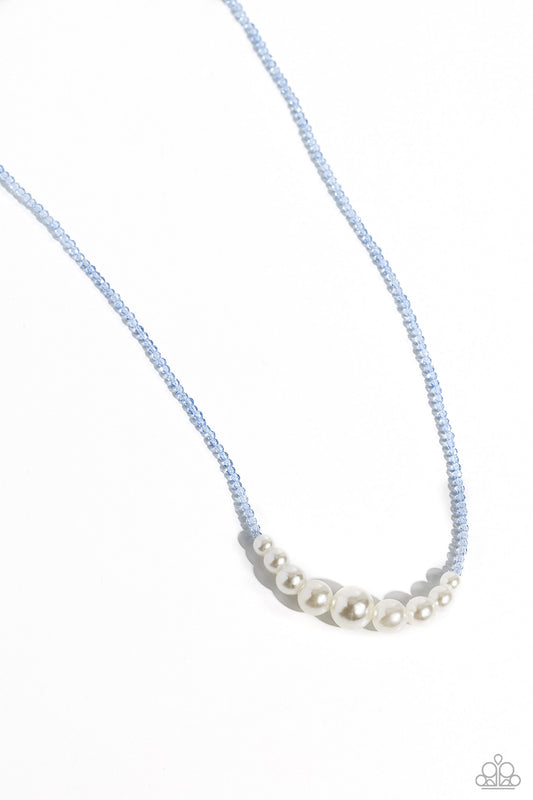 Paparazzi Accessories White Collar Whimsy - Blue Gradually increasing in size near the center, glossy white pearls stand out against dainty, glistening, glassy blue beads that are threaded along an invisible wire below the collar for a refined finish. Fea