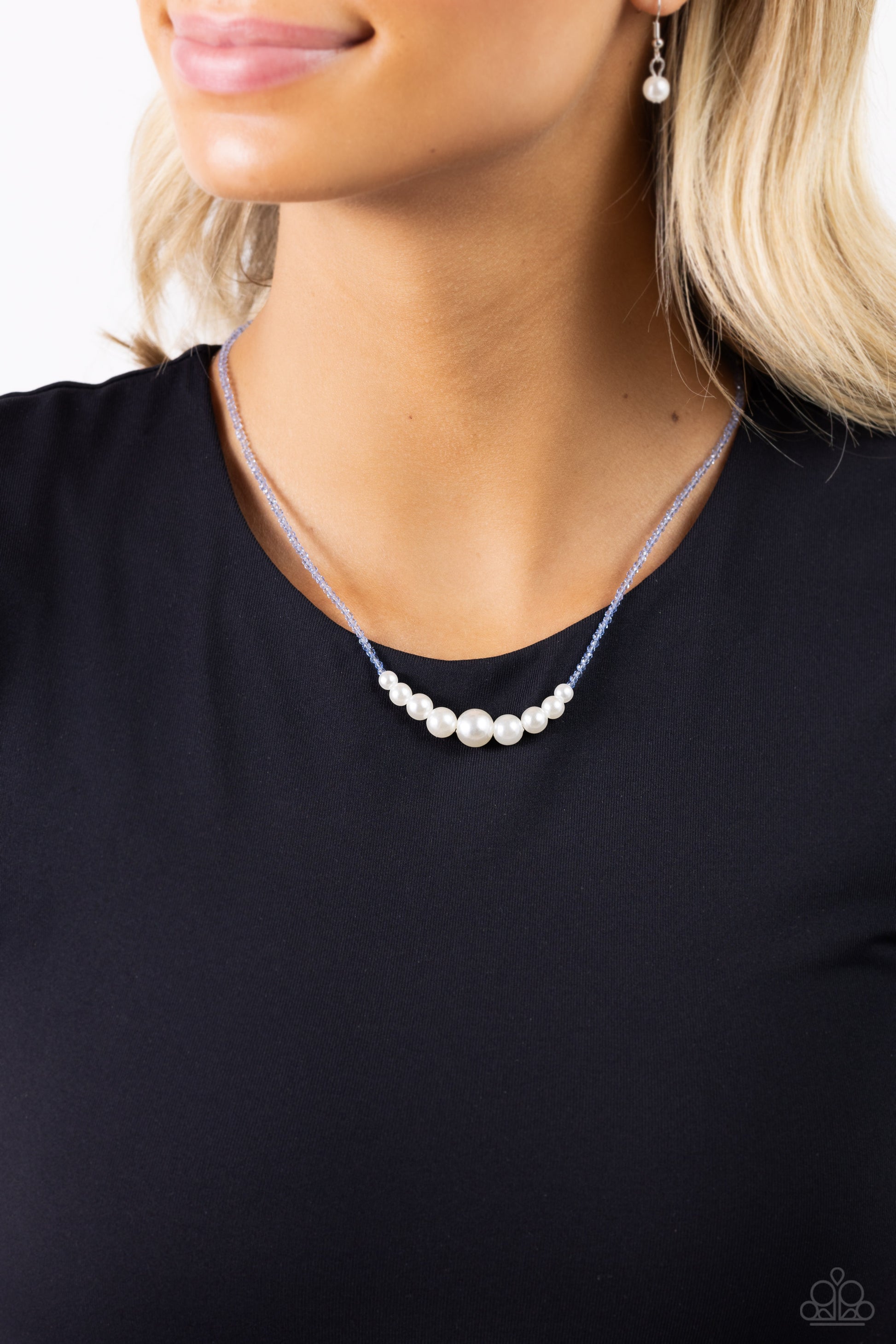 Paparazzi Accessories White Collar Whimsy - Blue Gradually increasing in size near the center, glossy white pearls stand out against dainty, glistening, glassy blue beads that are threaded along an invisible wire below the collar for a refined finish. Fea