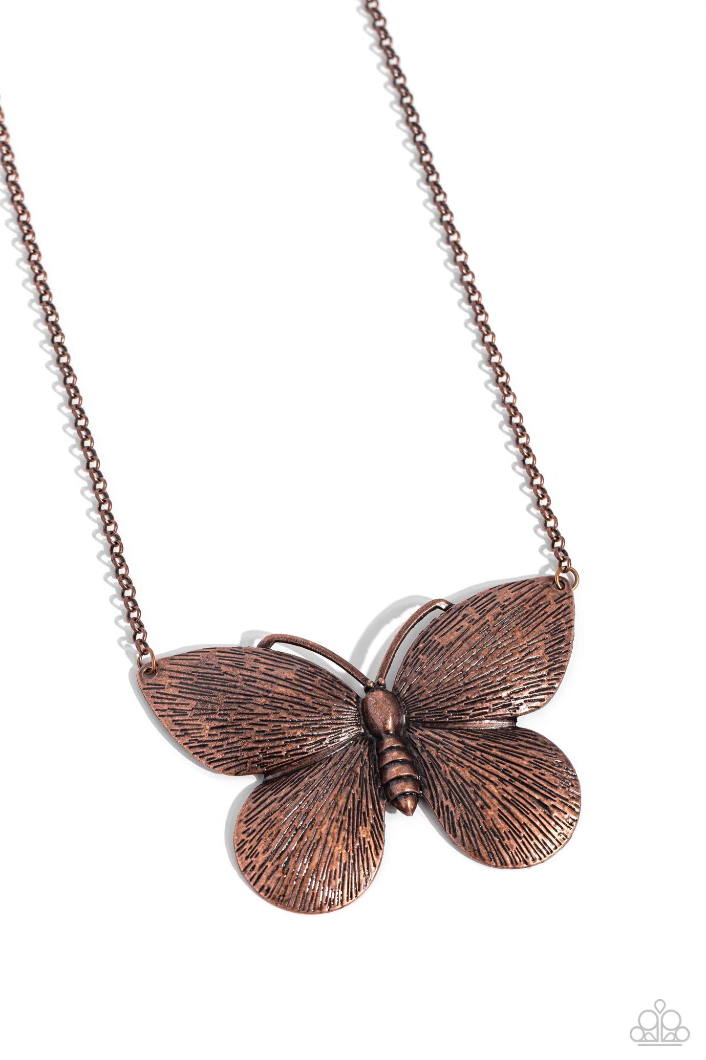 Paparazzi Accessories DRAWN to the Wind - Copper Brushed in a linear texture, an exaggeratedly large copper moth plate flutters along a copper chain below the collar for an enchanting fashion. Features an adjustable clasp closure. Sold as one individual n