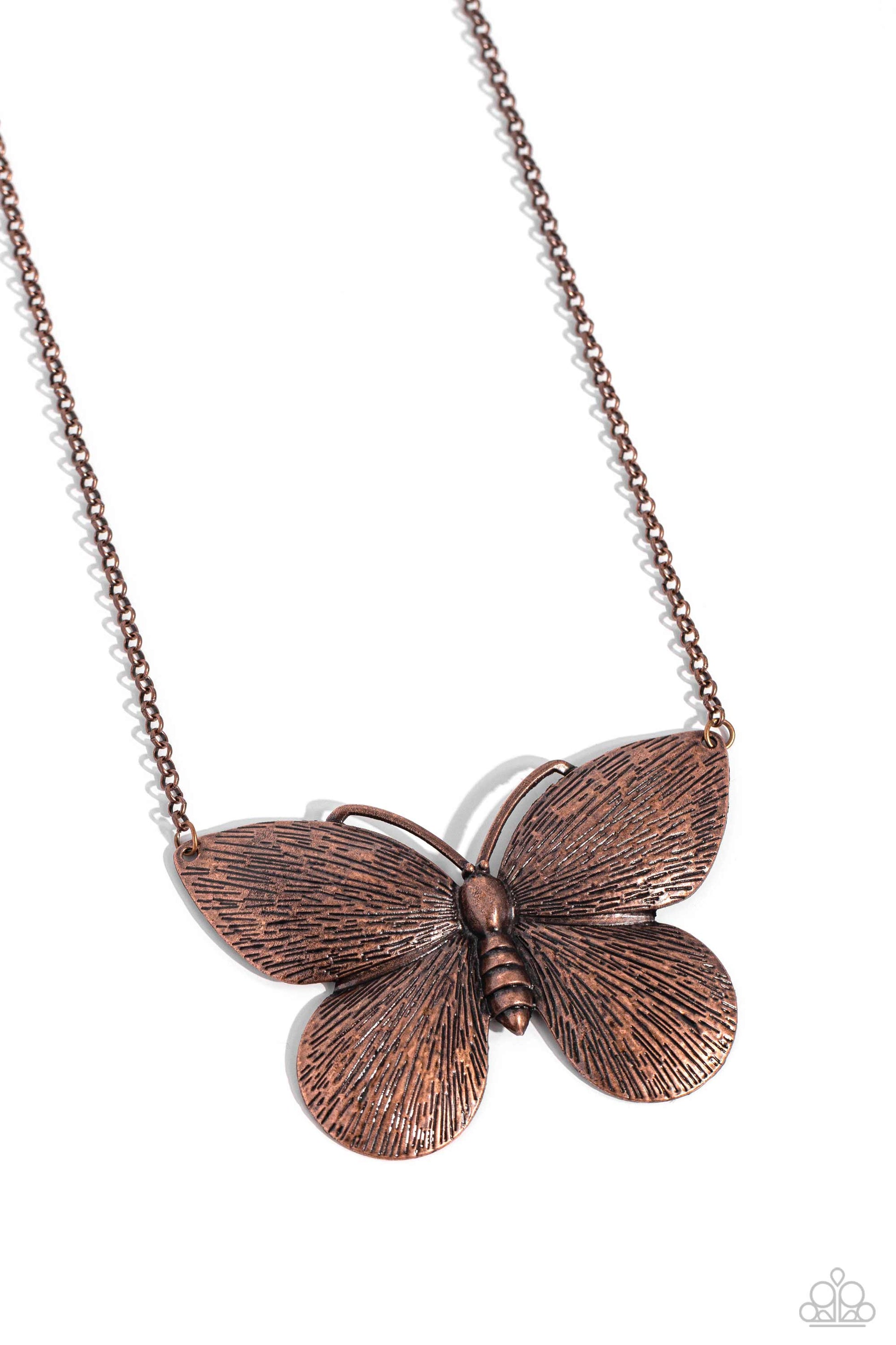 Paparazzi Accessories DRAWN to the Wind - Copper Brushed in a linear texture, an exaggeratedly large copper moth plate flutters along a copper chain below the collar for an enchanting fashion. Features an adjustable clasp closure. Sold as one individual n